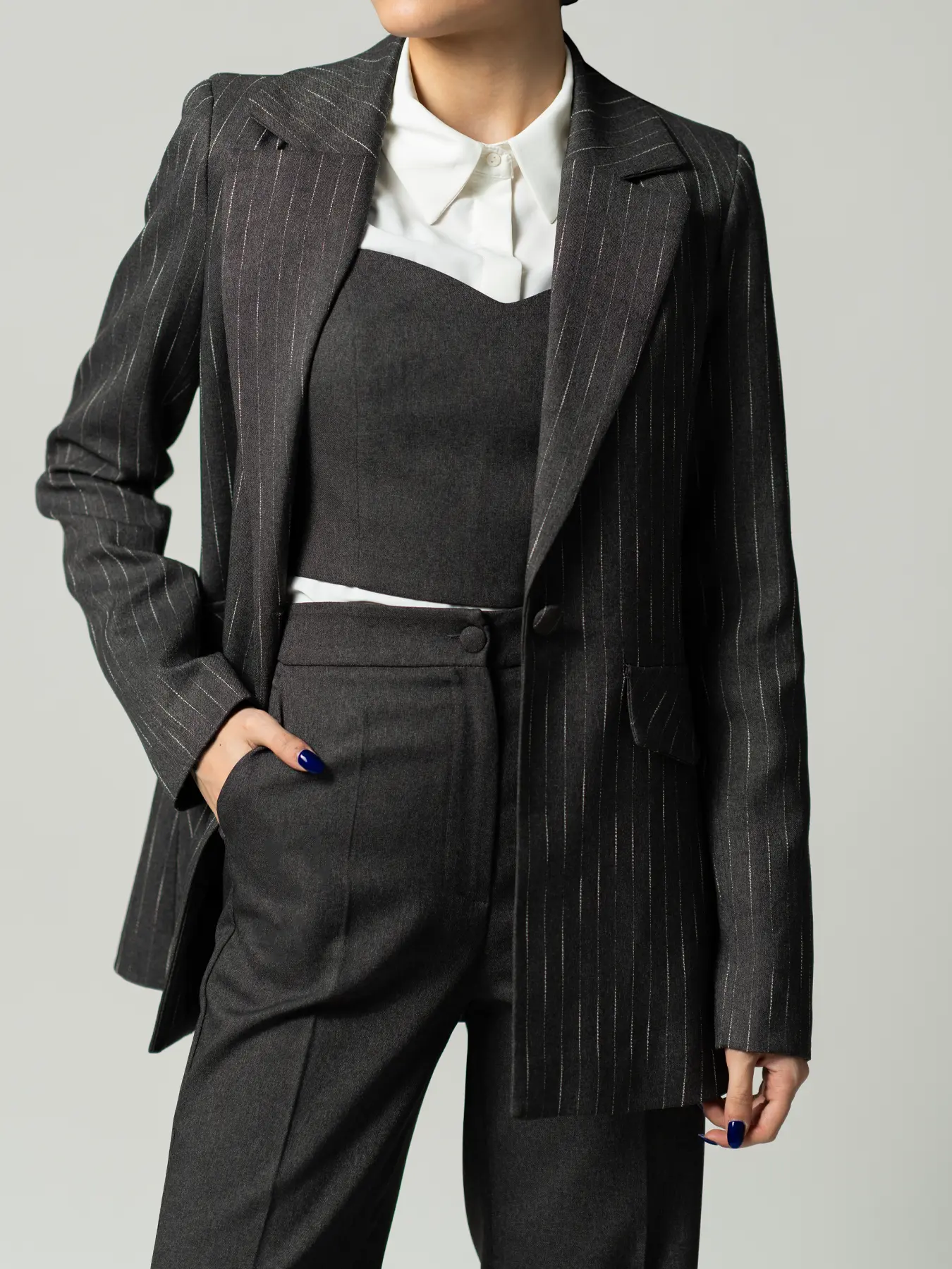 ست سه تکه کت و شلوار نیم تنه راه راه