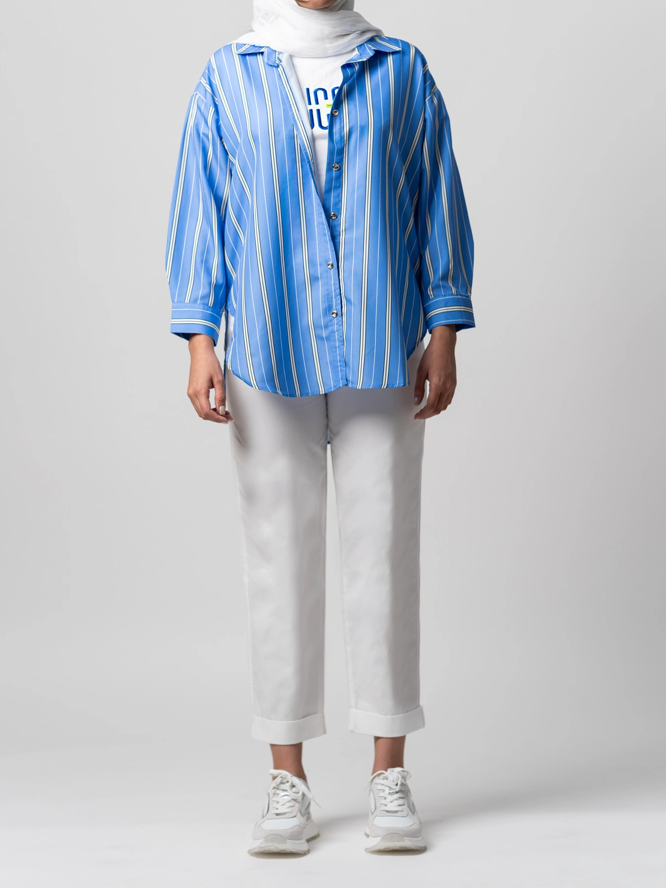 شومیز یقه پیراهنی راه راه سفید آبی