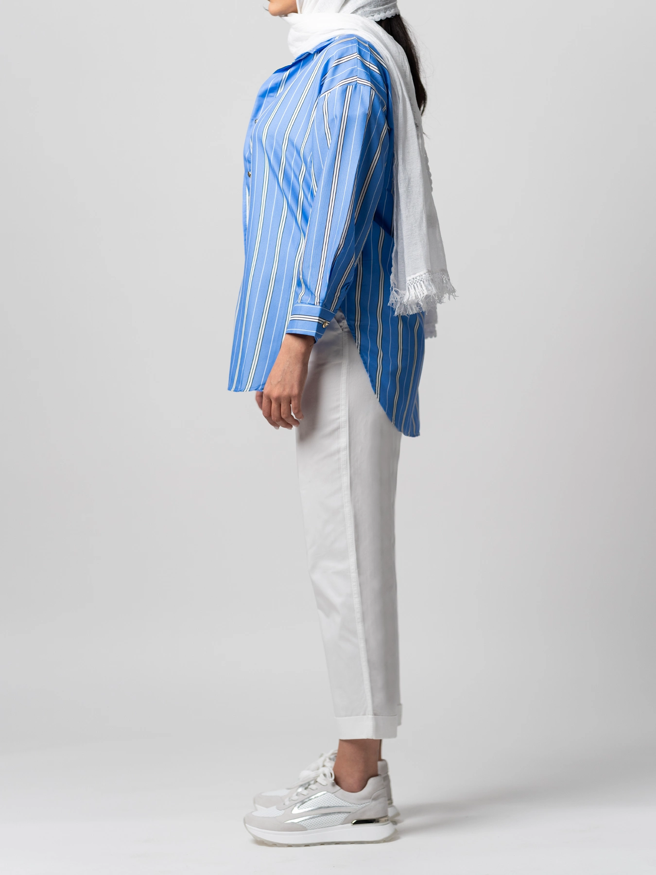 شومیز یقه پیراهنی راه راه سفید آبی