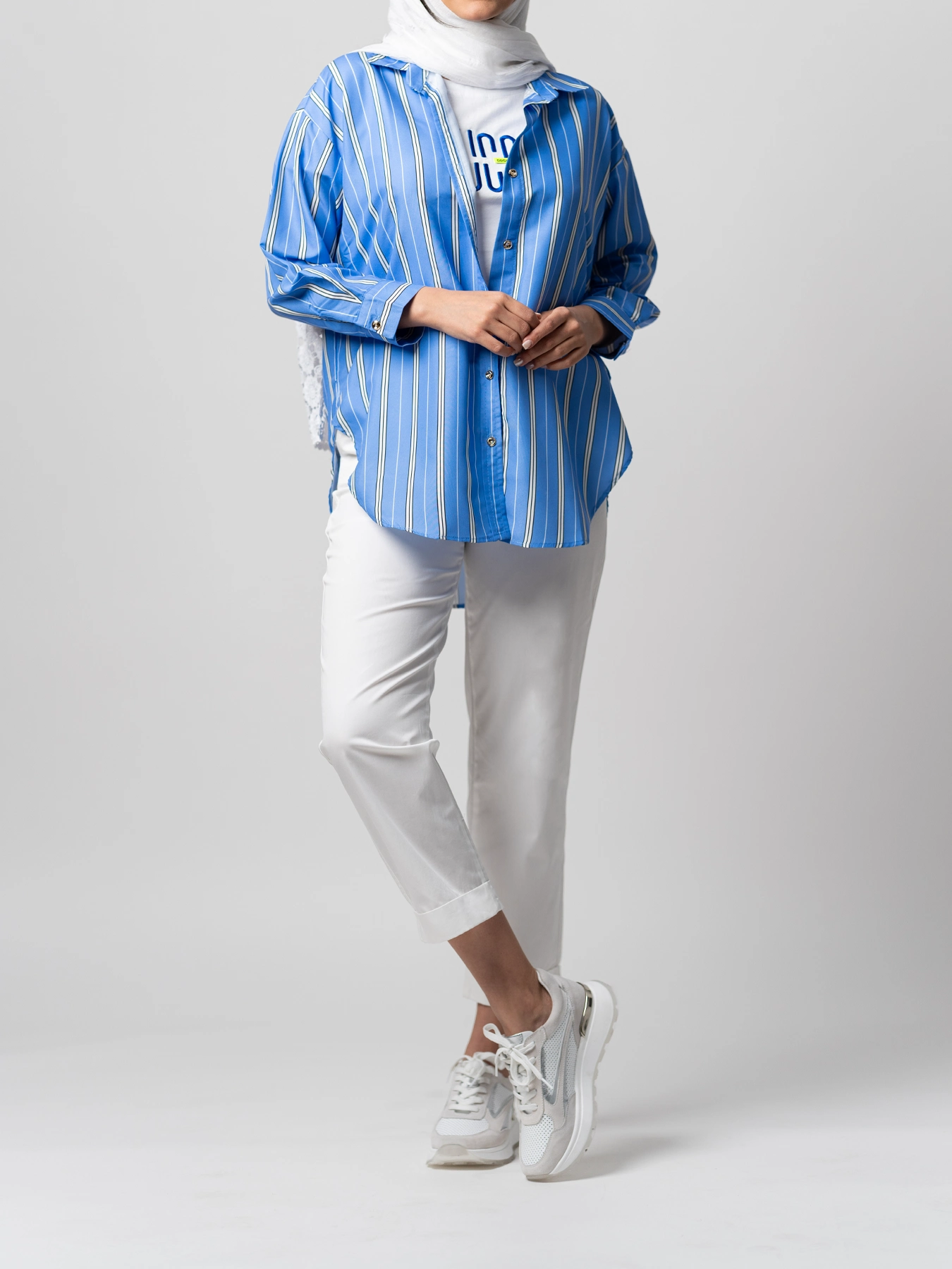 شومیز یقه پیراهنی راه راه سفید آبی