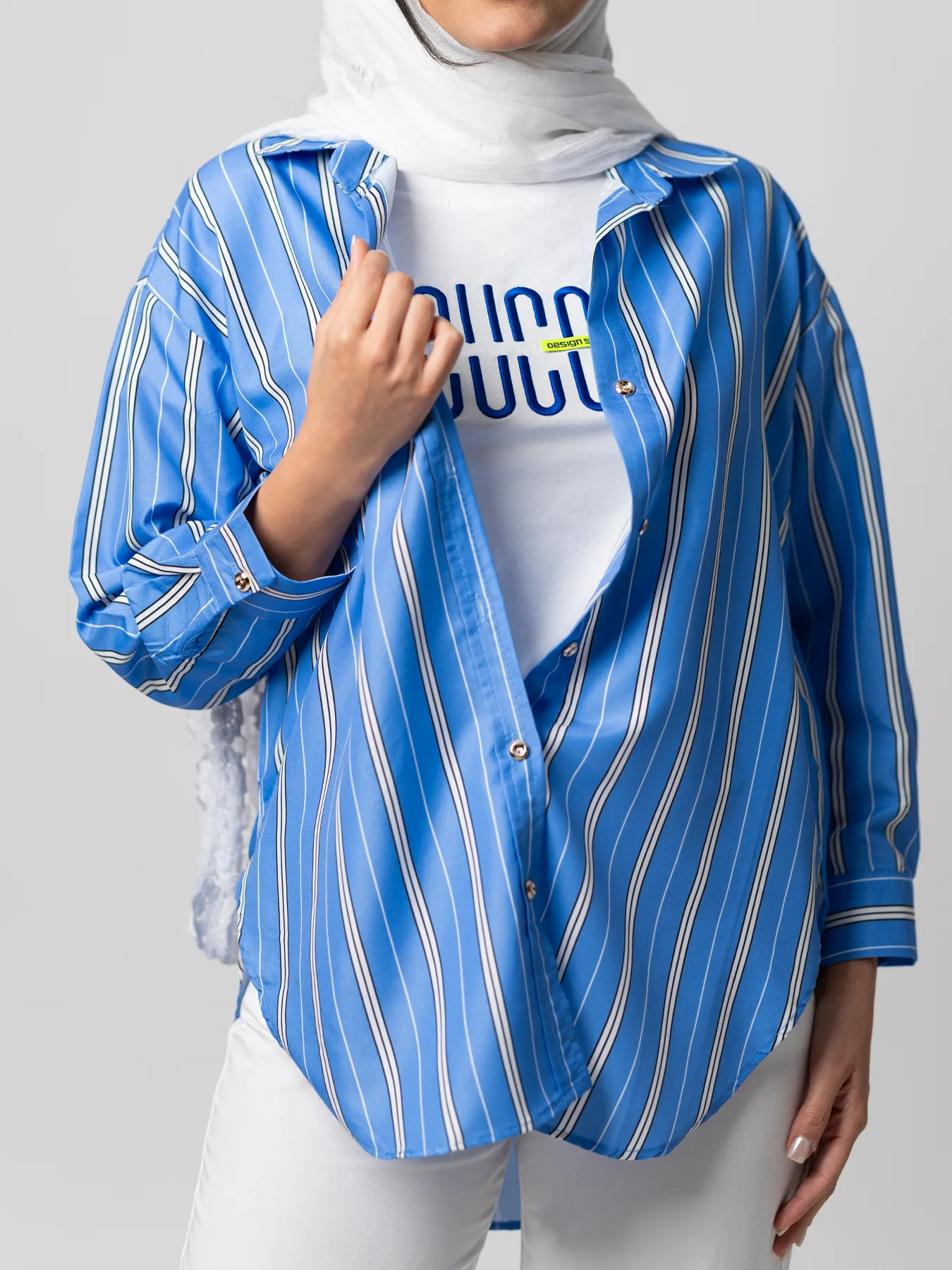 شومیز یقه پیراهنی راه راه سفید آبی