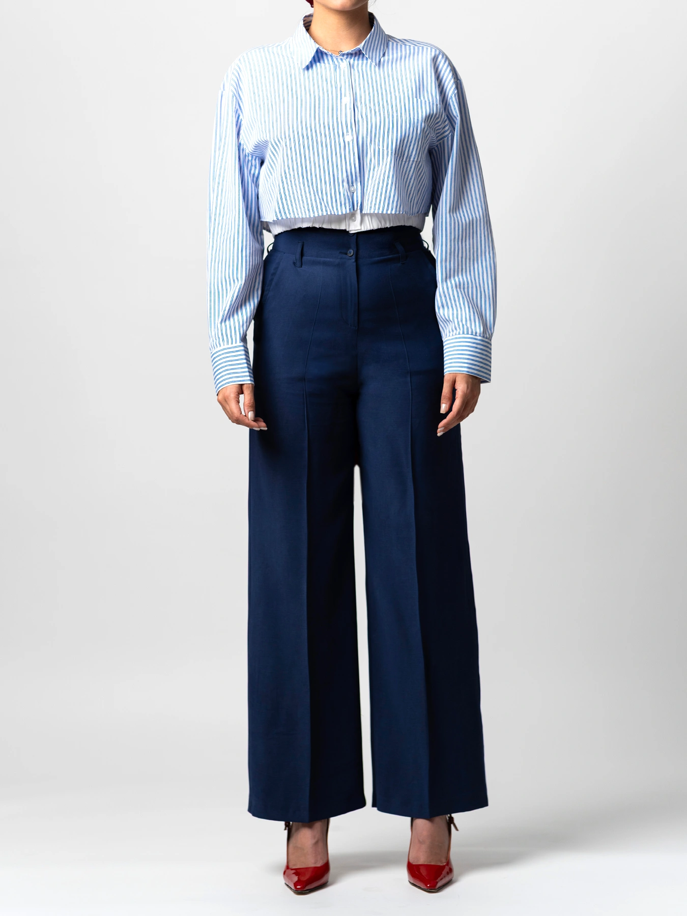 شومیز کراپ طرح دوتکه یقه پیراهنی راه راه  