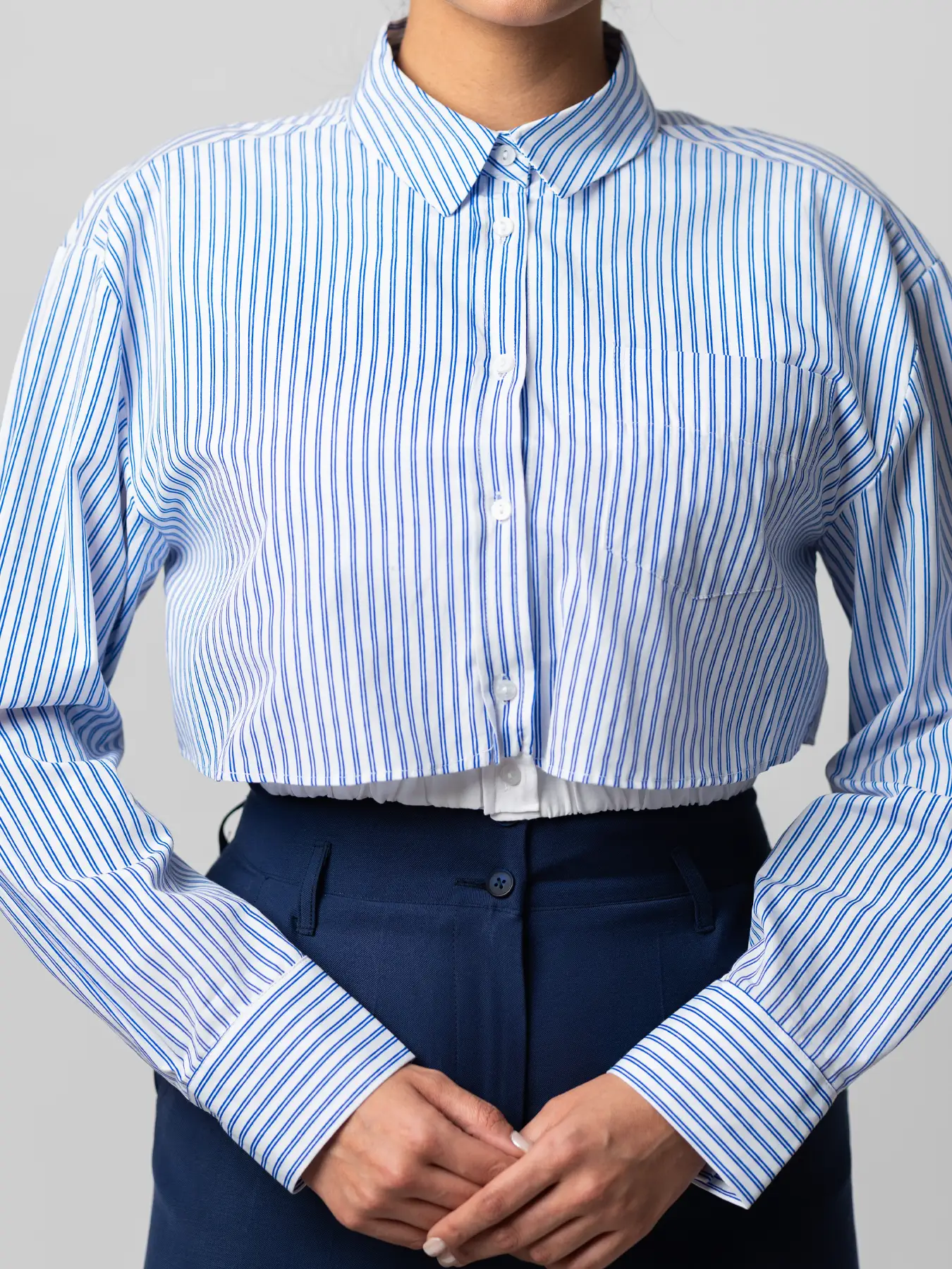 شومیز کراپ طرح دوتکه یقه پیراهنی راه راه  