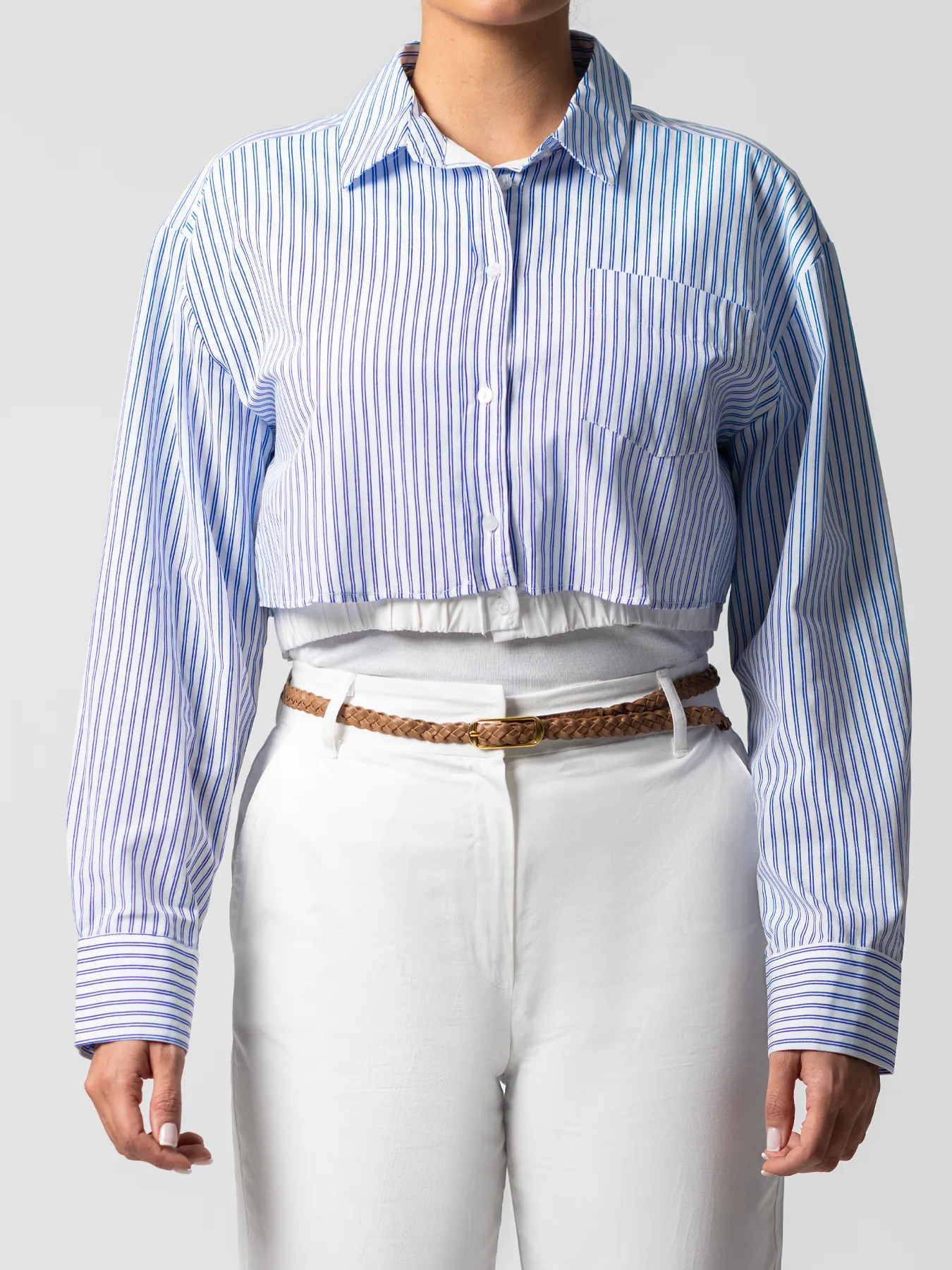 شومیز سفید سرمه ای راه راه کراپ 
