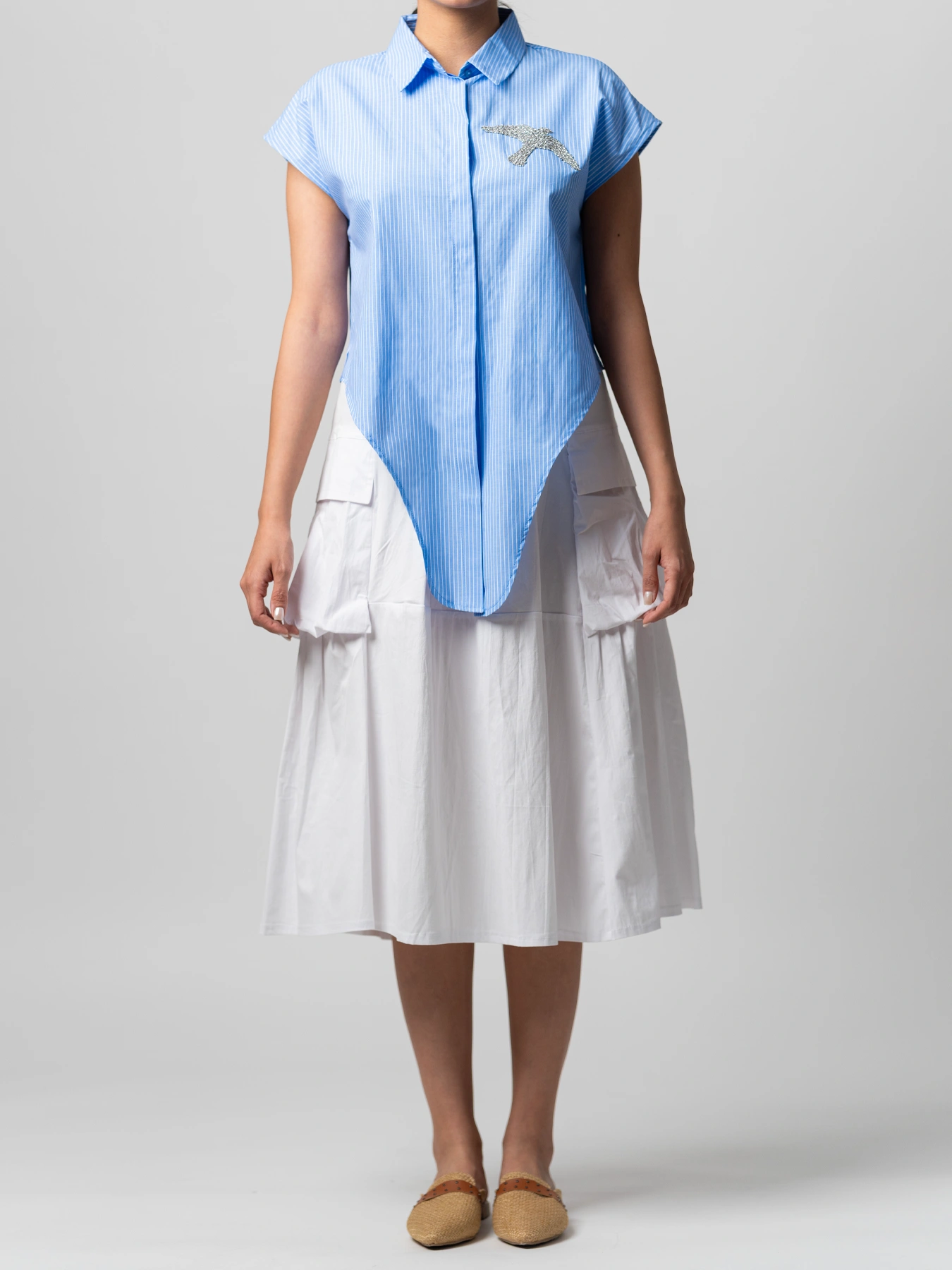 تاپ طرح پیراهنی گره ای دکمه مخفی راه راه 