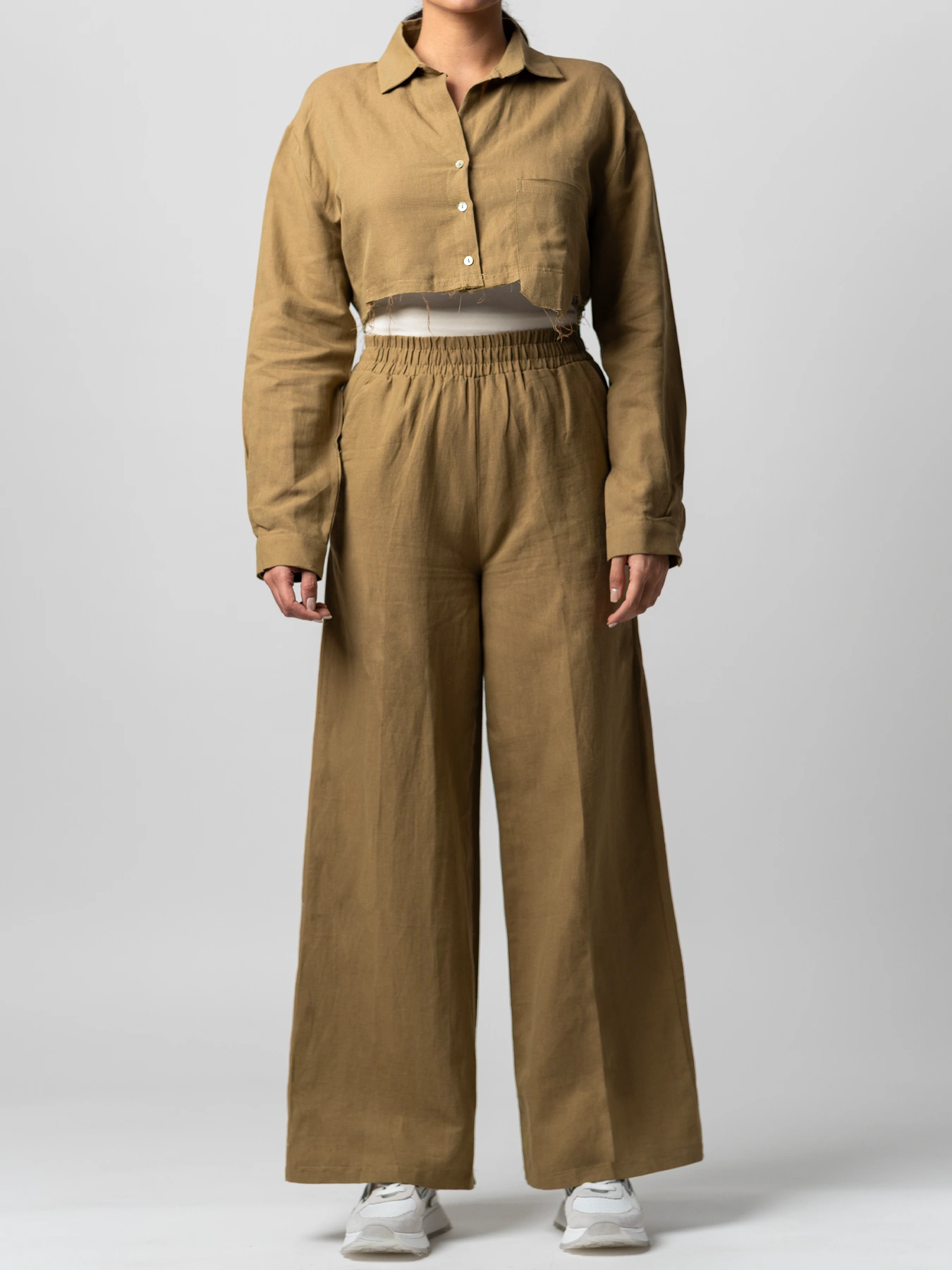 ست پیراهن و شلوار کراپ نسکافه ای