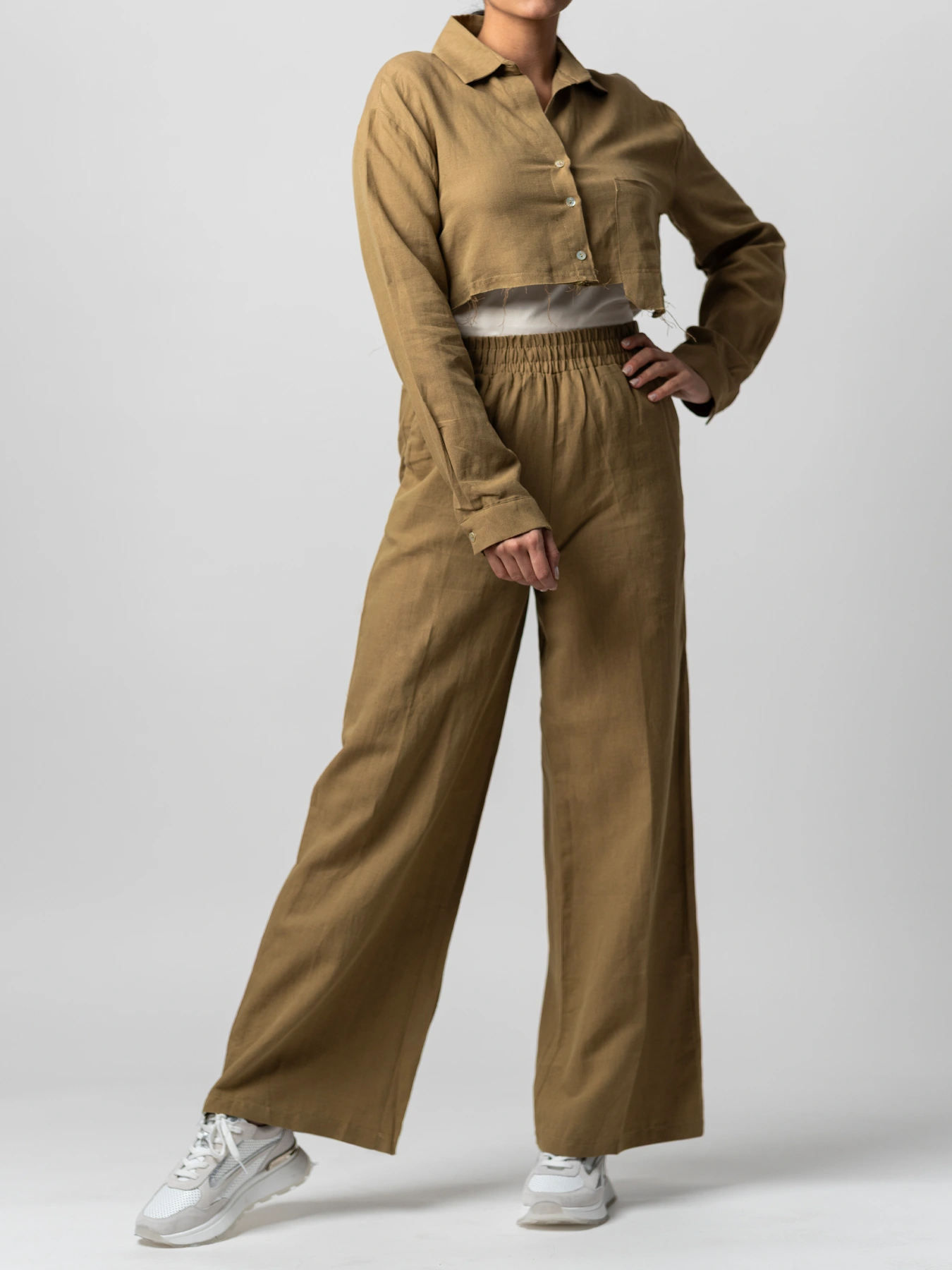 ست پیراهن و شلوار کراپ نسکافه ای