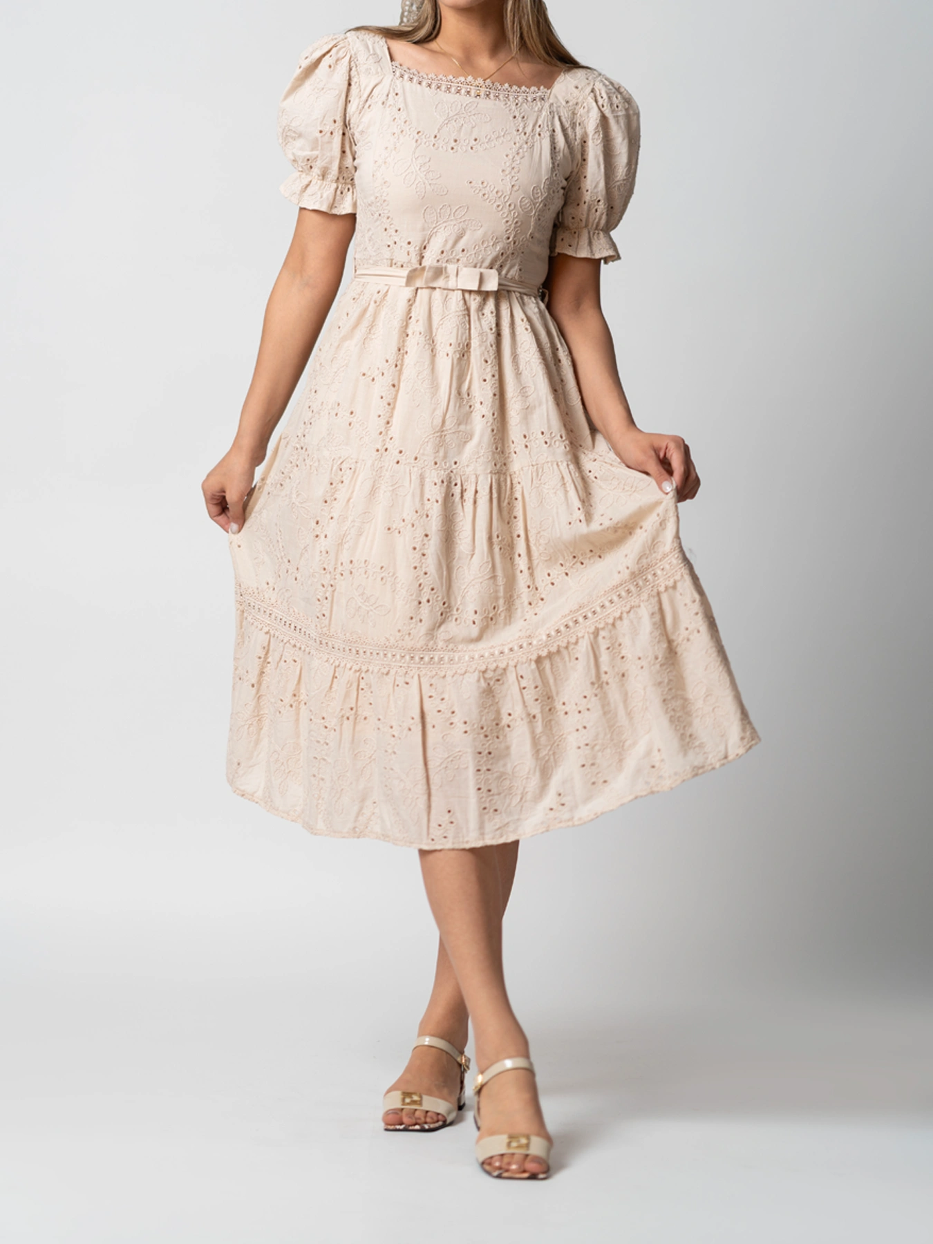 پیراهن بلند زنانه پشت یقه تور یقه خشتی 