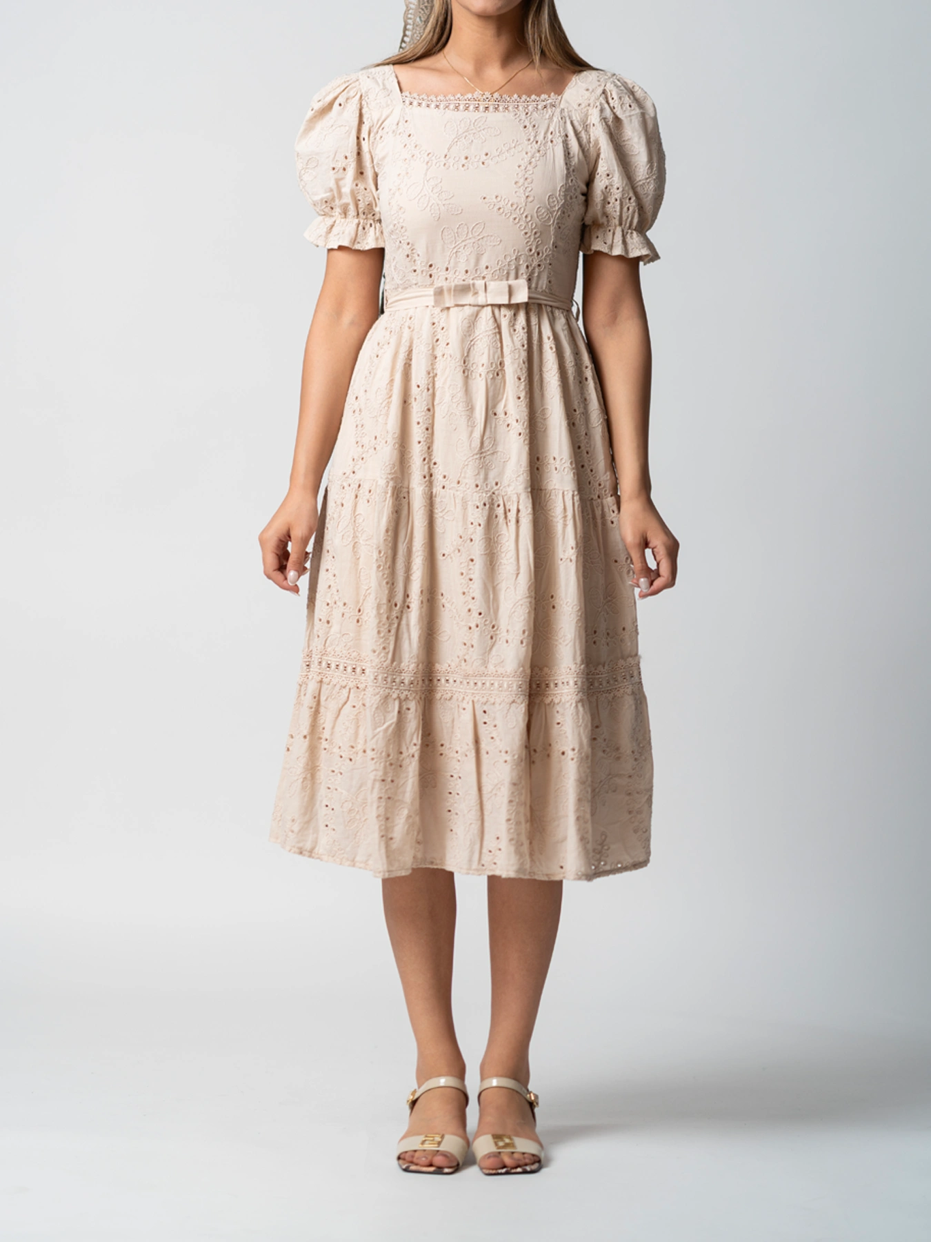 پیراهن بلند زنانه پشت یقه تور یقه خشتی 