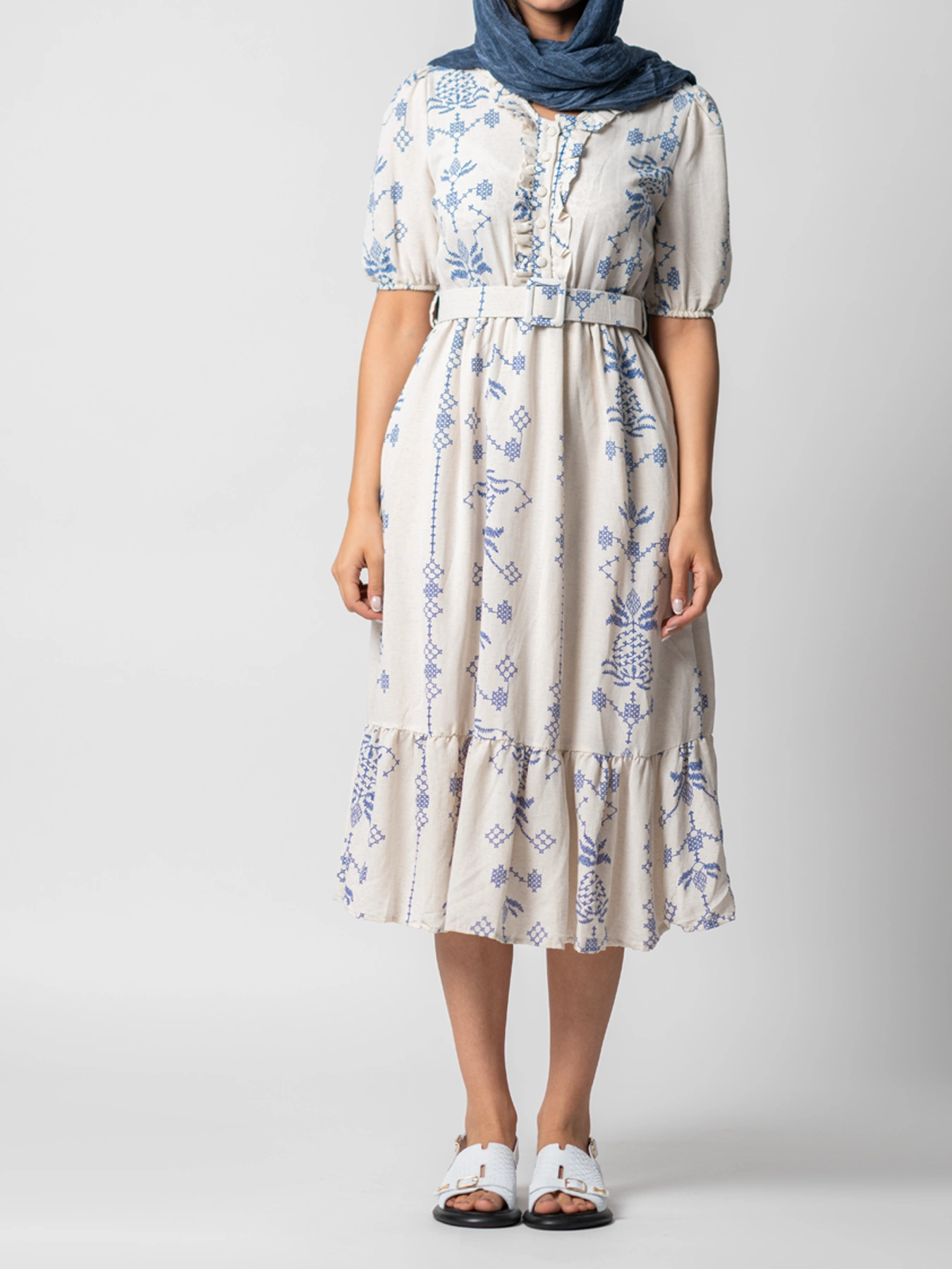 پیراهن بلند آستین کوتاه کرم آبی یقه هفت 