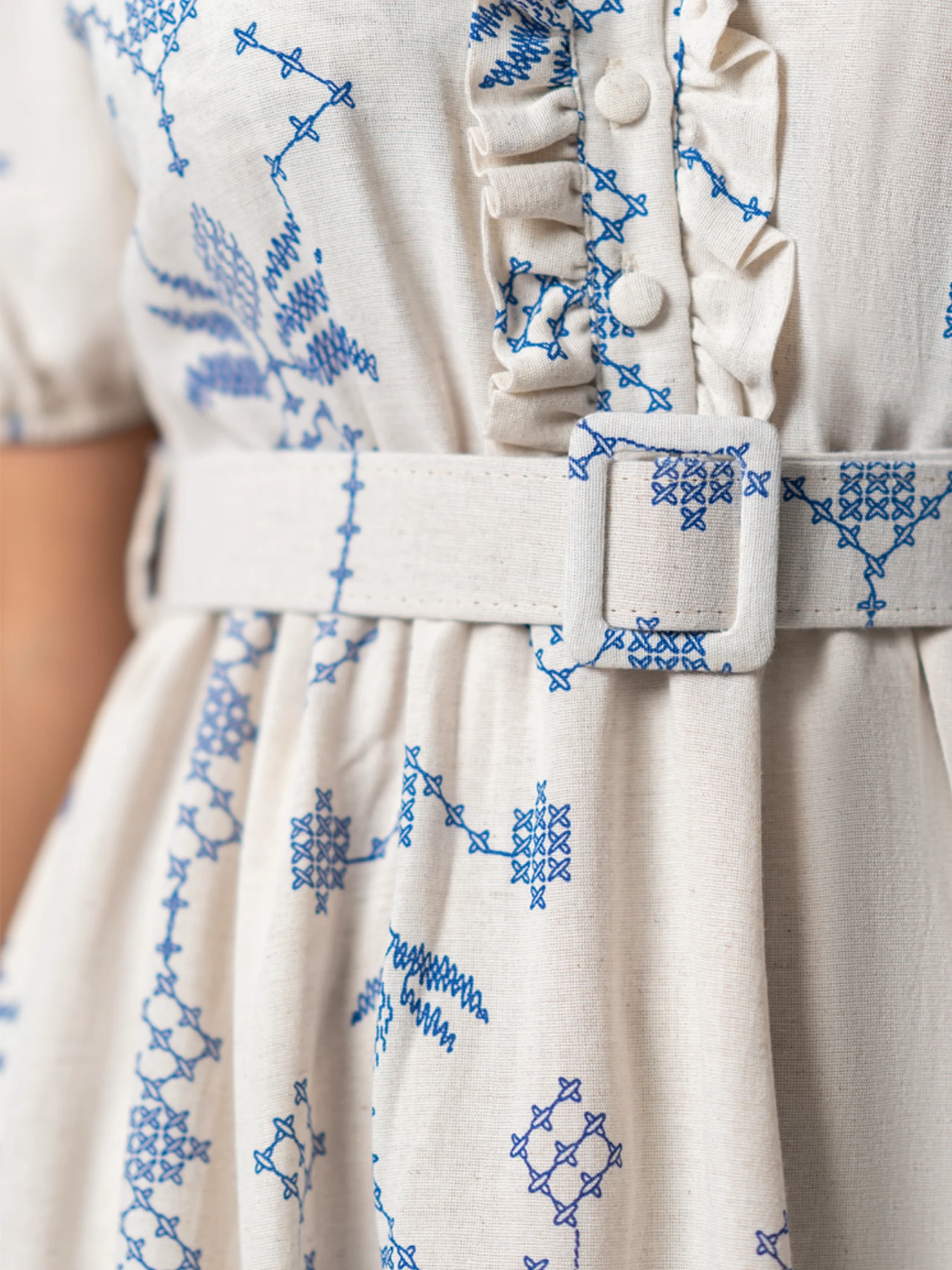 پیراهن بلند آستین کوتاه کرم آبی یقه هفت 