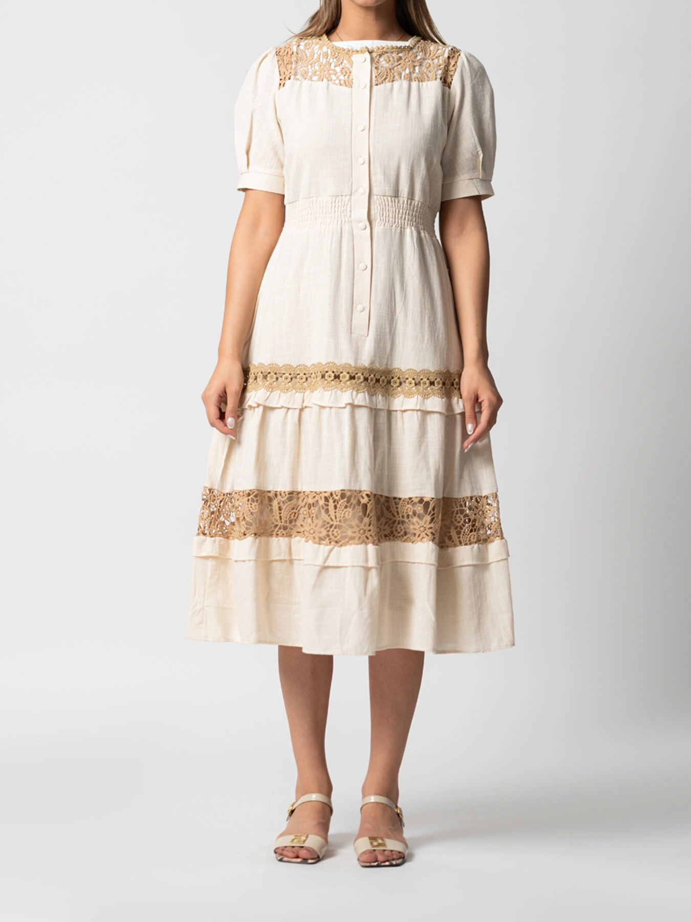 پیراهن بلند آستین کوتاه زنانه لینن یقه گرد 