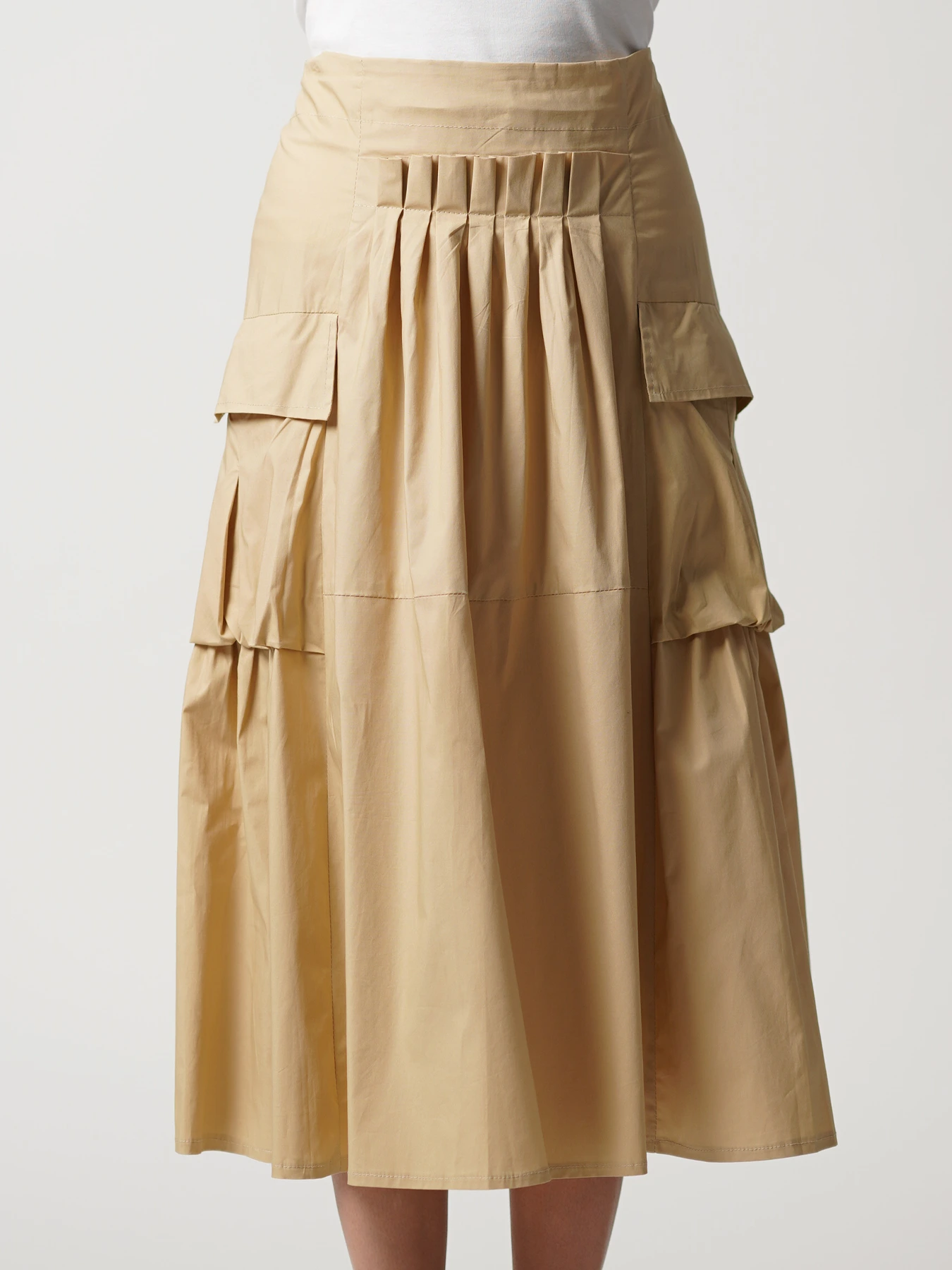 دامن کتان ساده کرم دوجیب چین دار 