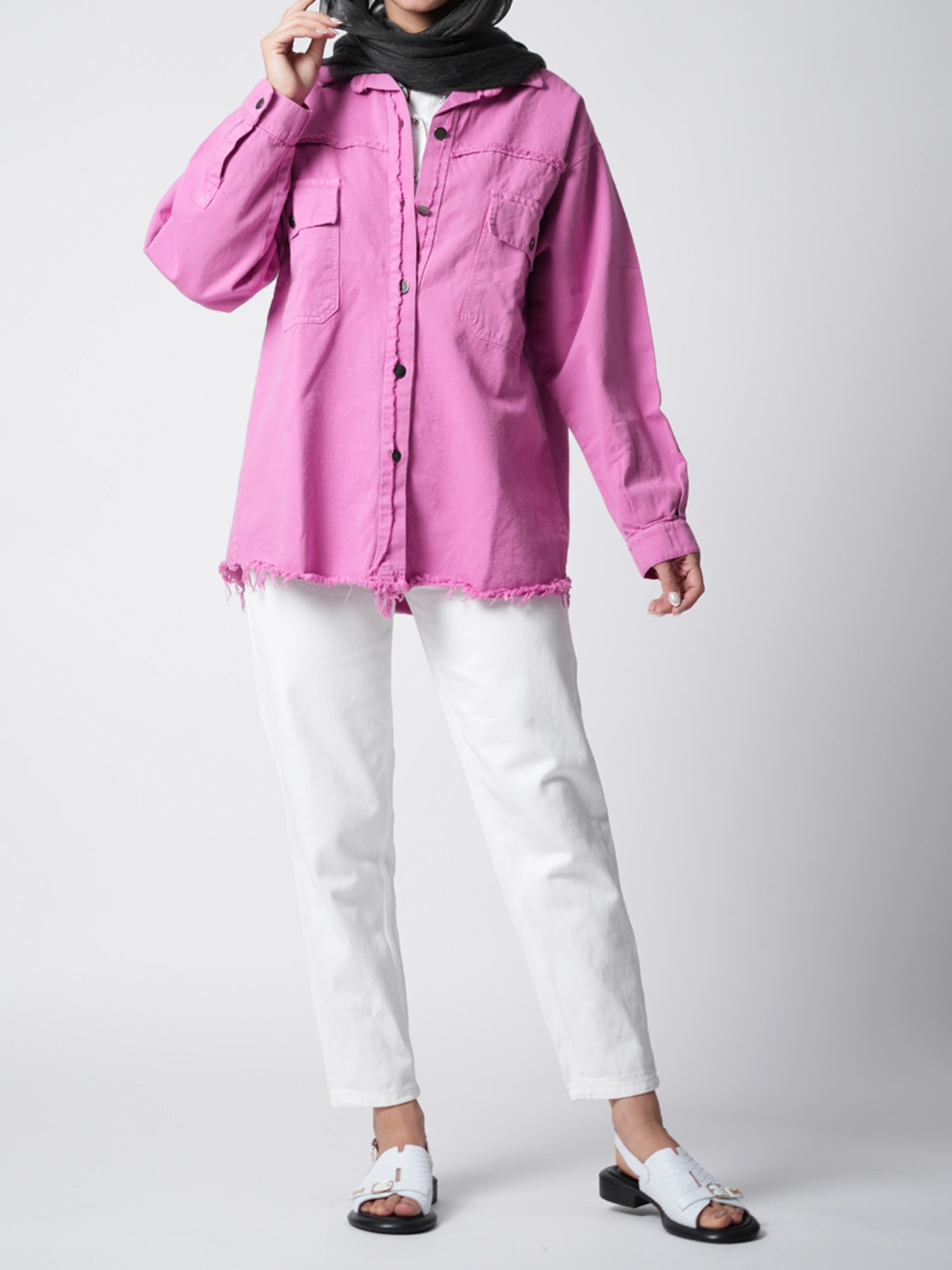 شومیز کتان صورتی یقه مردانه زاپ دار 