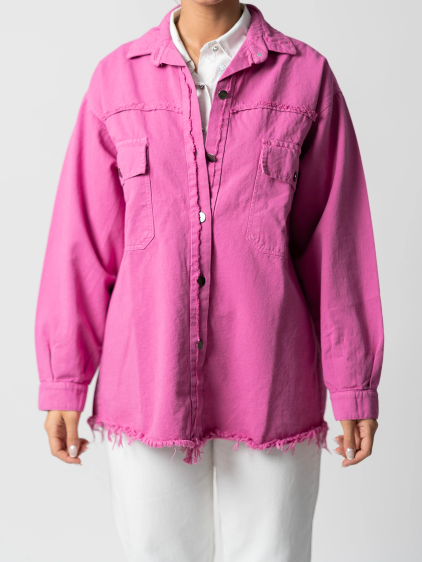 شومیز کتان صورتی یقه مردانه زاپ دار 