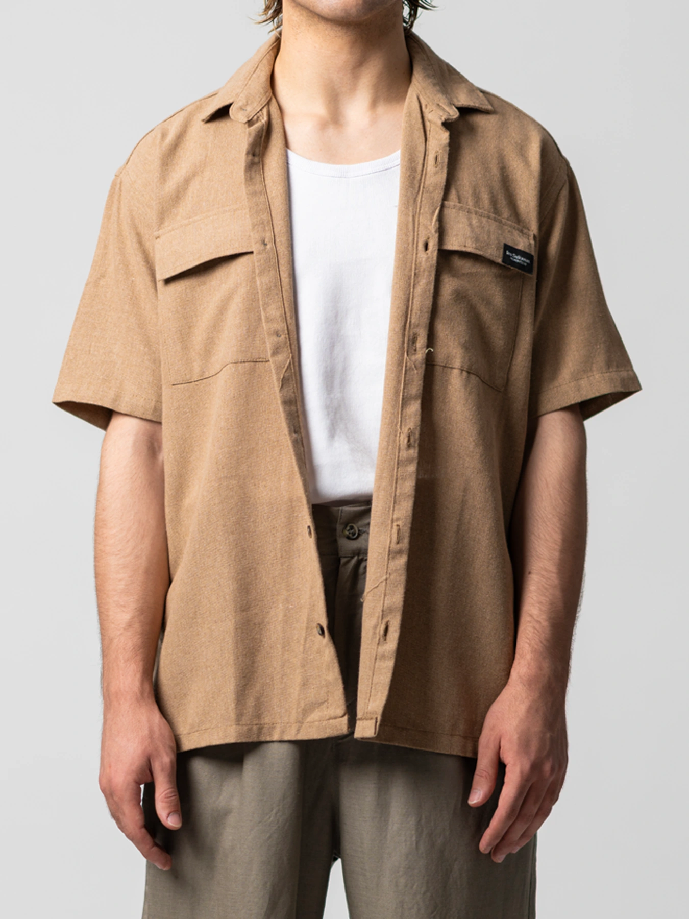 پیراهن نسکافه ایی لینن دوجیب آستین کوتاه