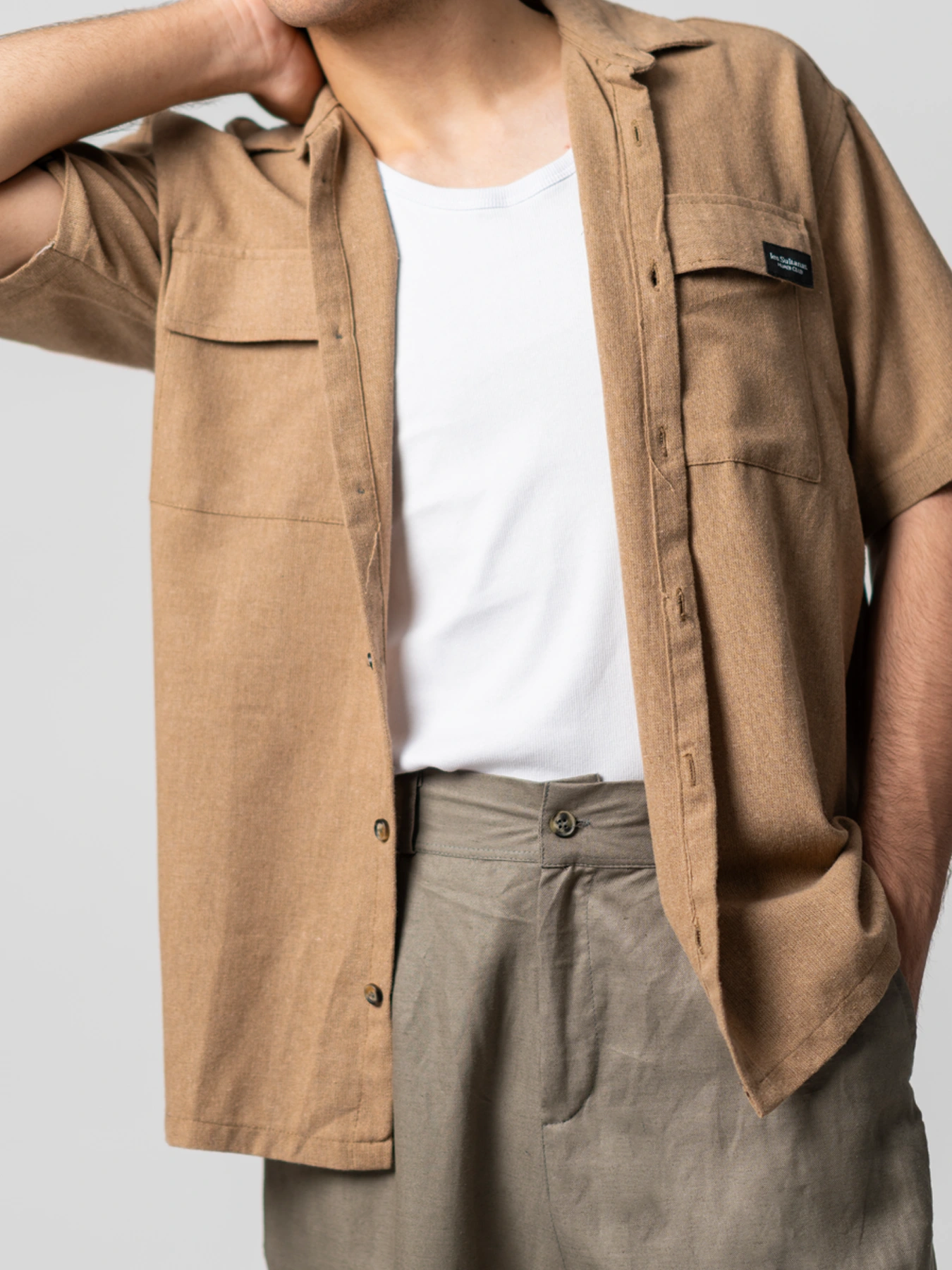 پیراهن نسکافه ایی لینن دوجیب آستین کوتاه