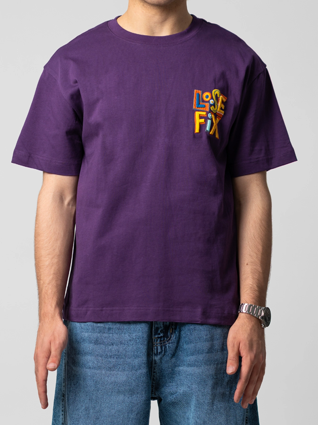 تیشرت مردانه بنفش یقه گرد طرح دار 