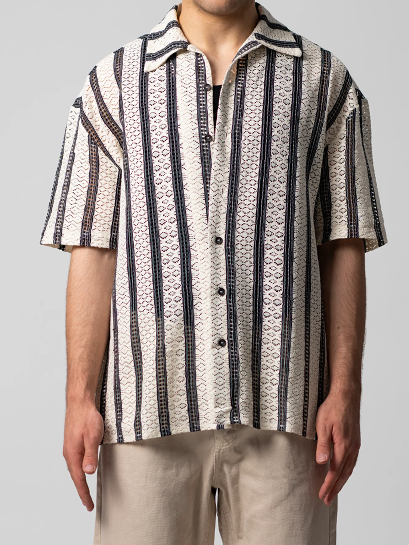 پیراهن آستین کوتاه کرم مشکی مراکشی طرح راه راه 