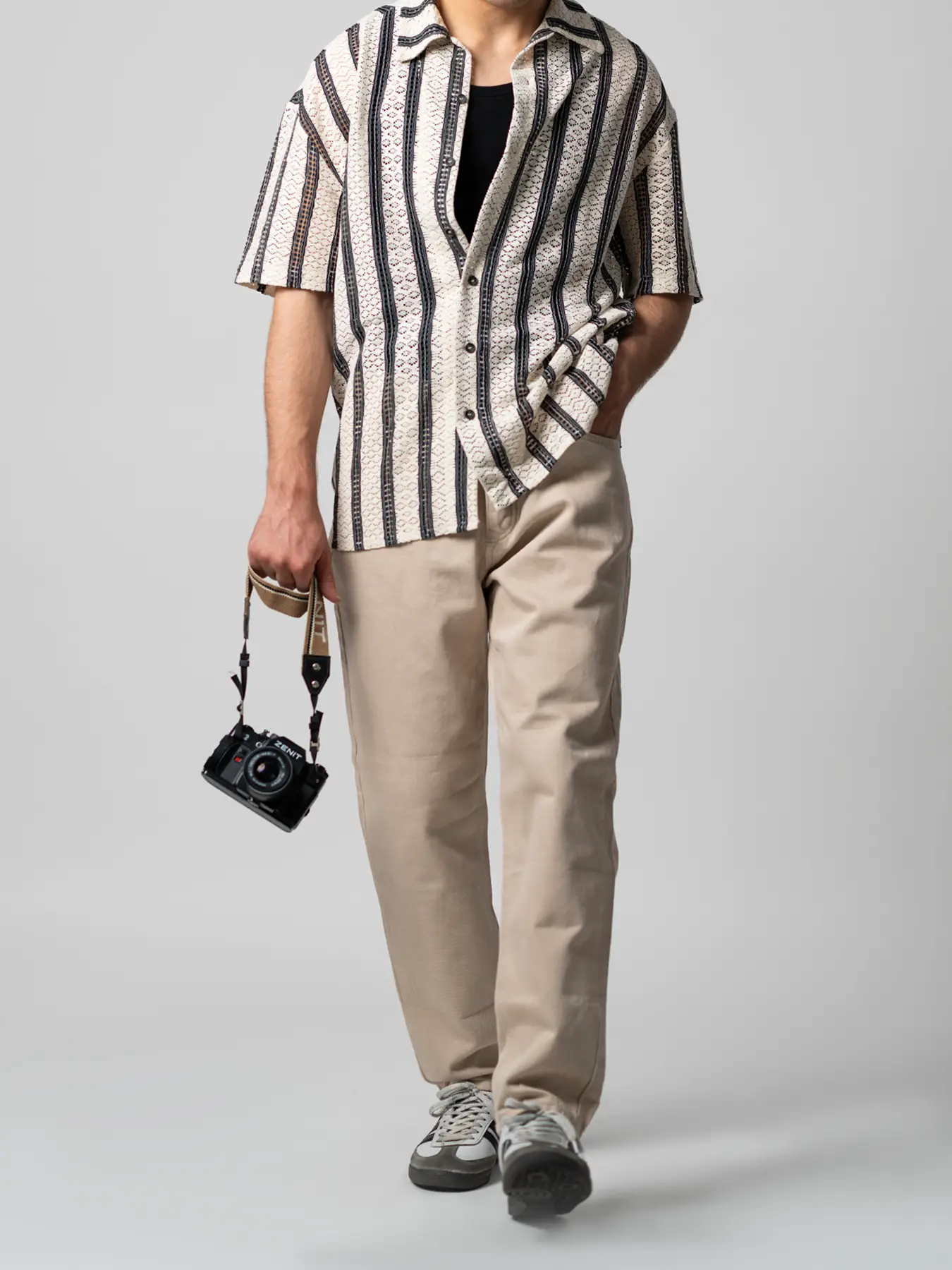 پیراهن آستین کوتاه کرم مشکی مراکشی طرح راه راه 