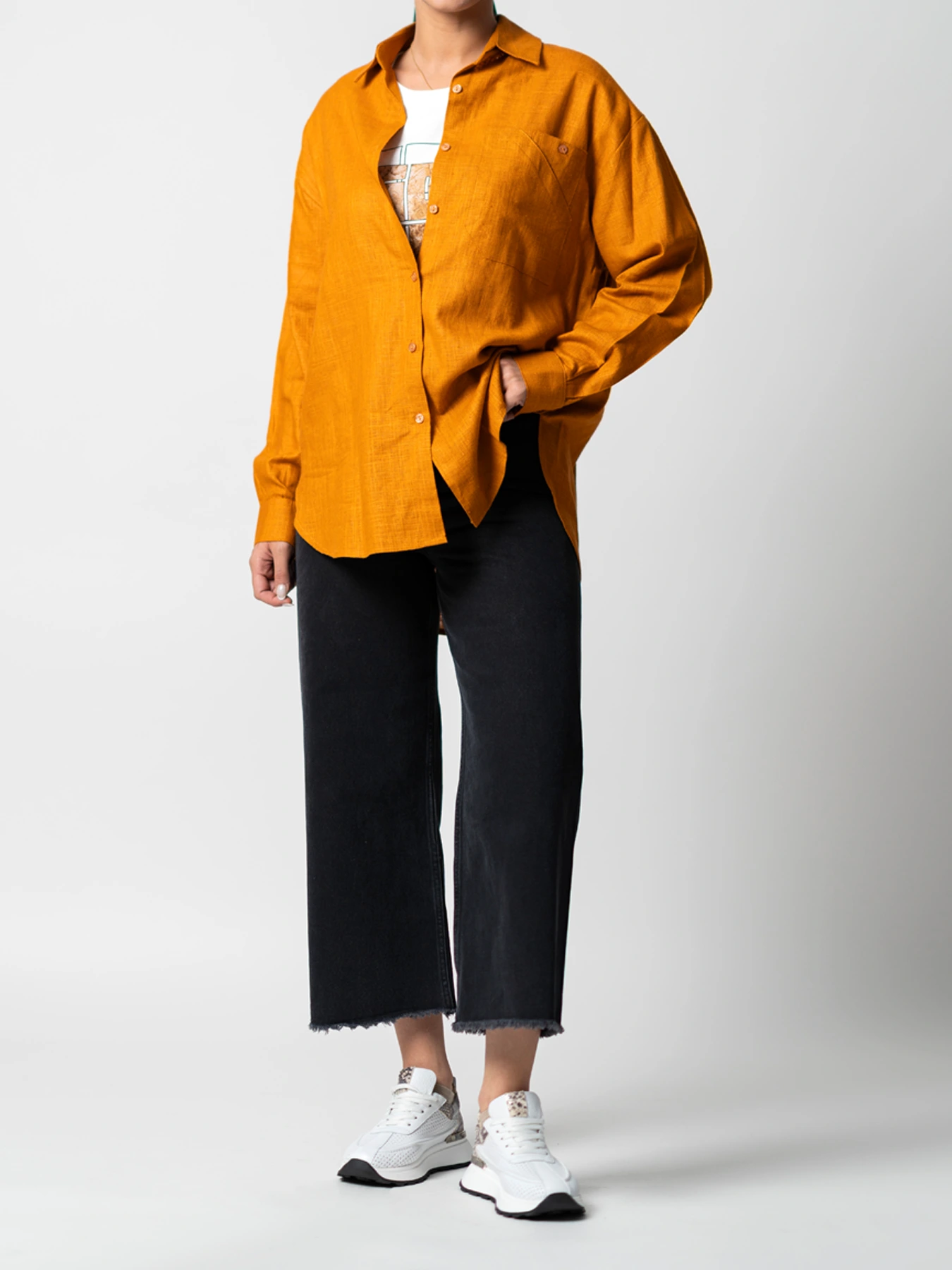 شومیز لینن آجری طرح دو جیب