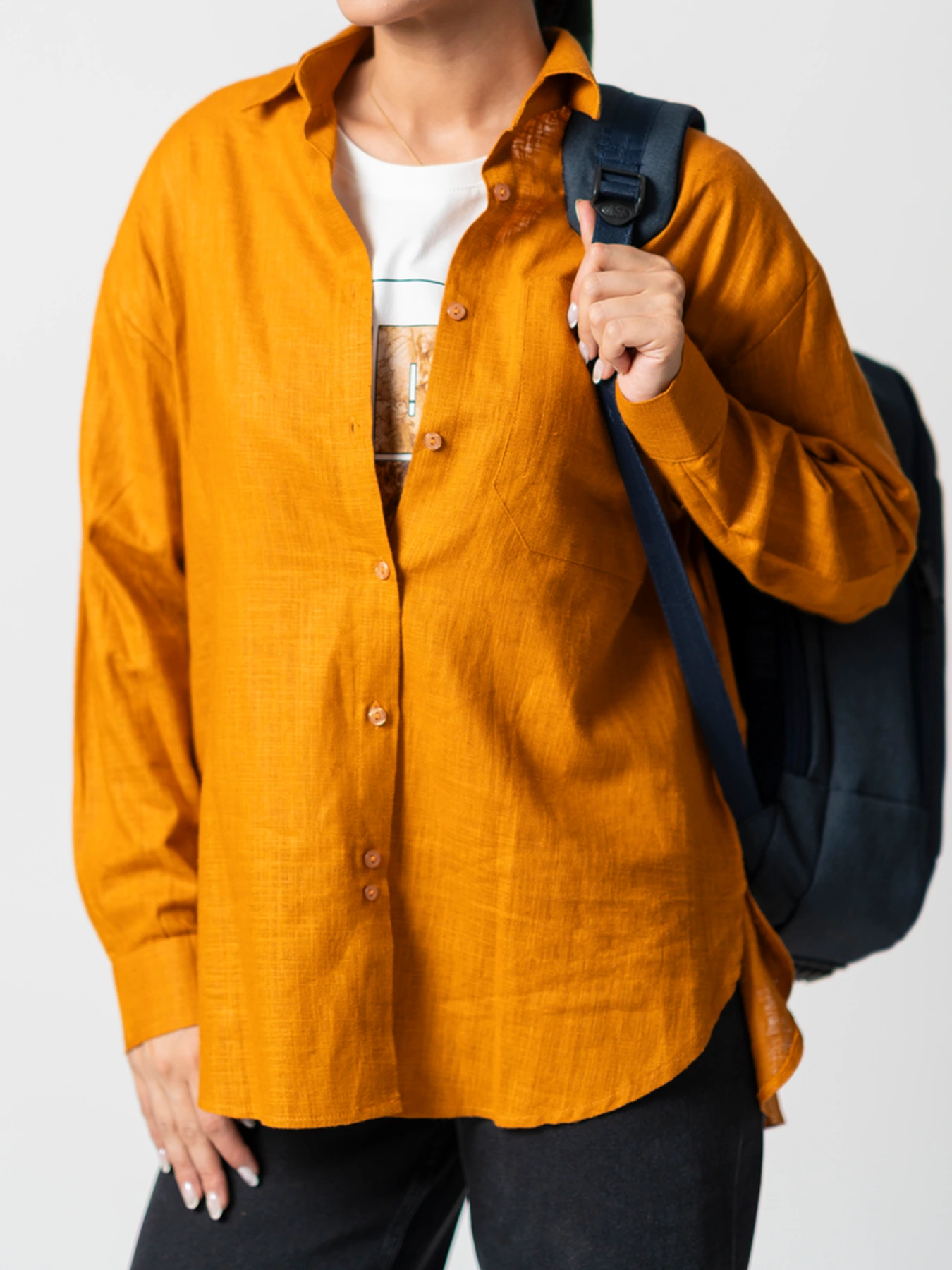 شومیز لینن آجری طرح دو جیب