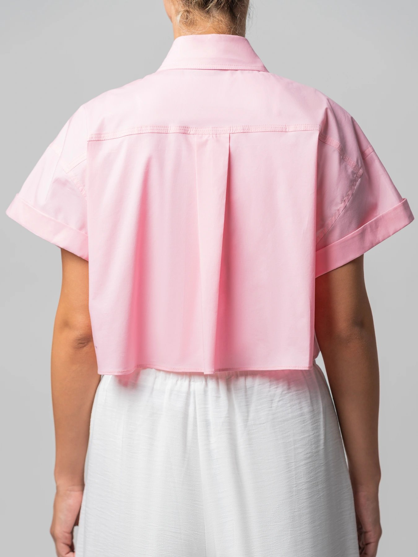 شومیز صورتی کراپ آستین پاکتی پوپلین 