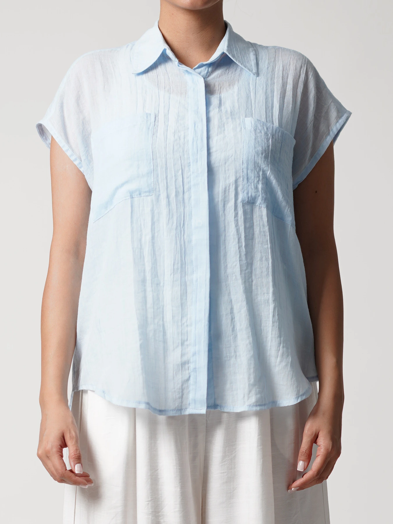 شومیز فیروزه ای آستین حلقه ای دوجیب 