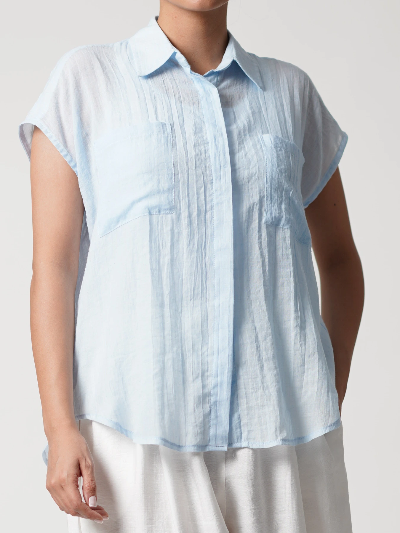 شومیز فیروزه ای آستین حلقه ای دوجیب 