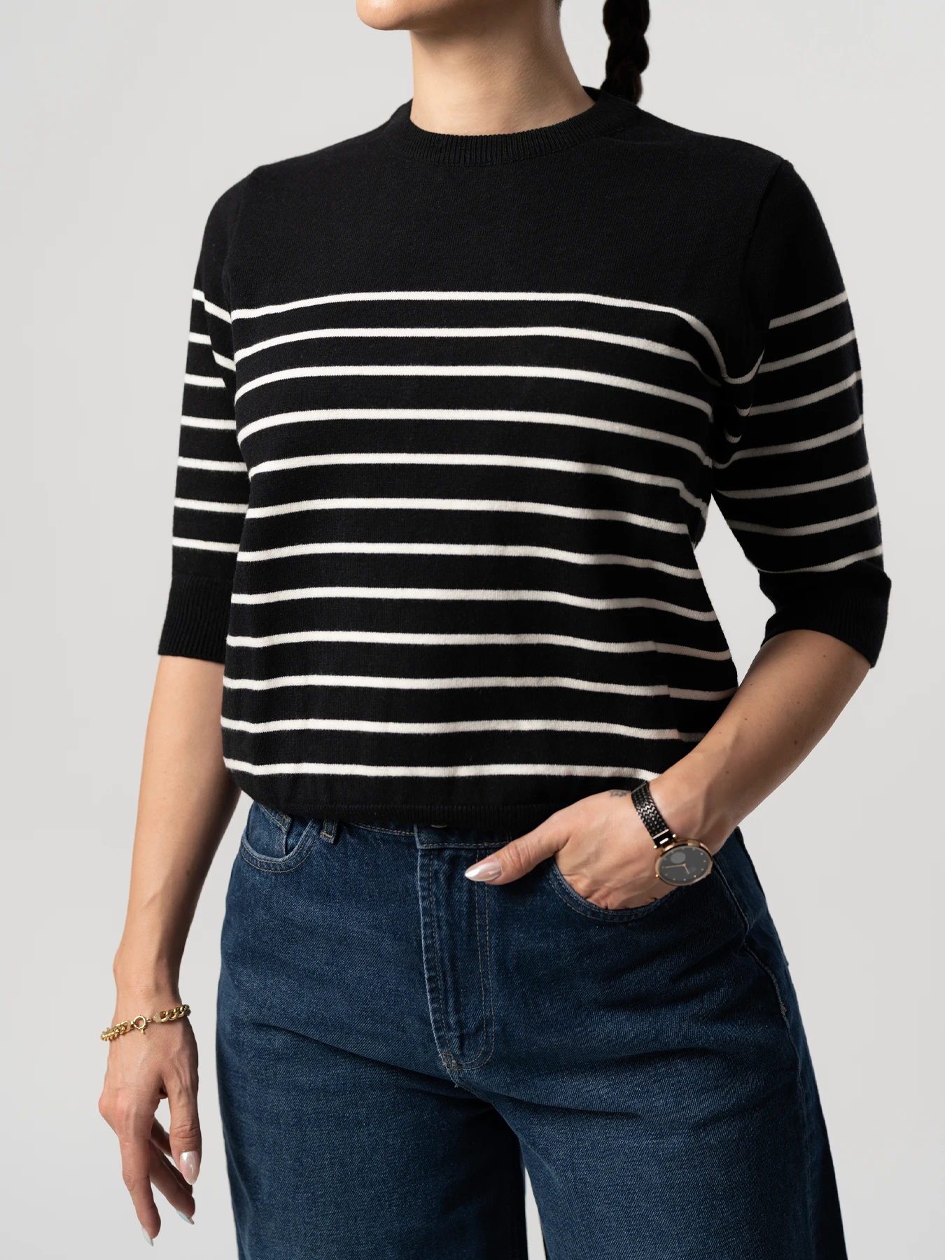 بلوز بافت مشکی زنانه آستین سه ربع