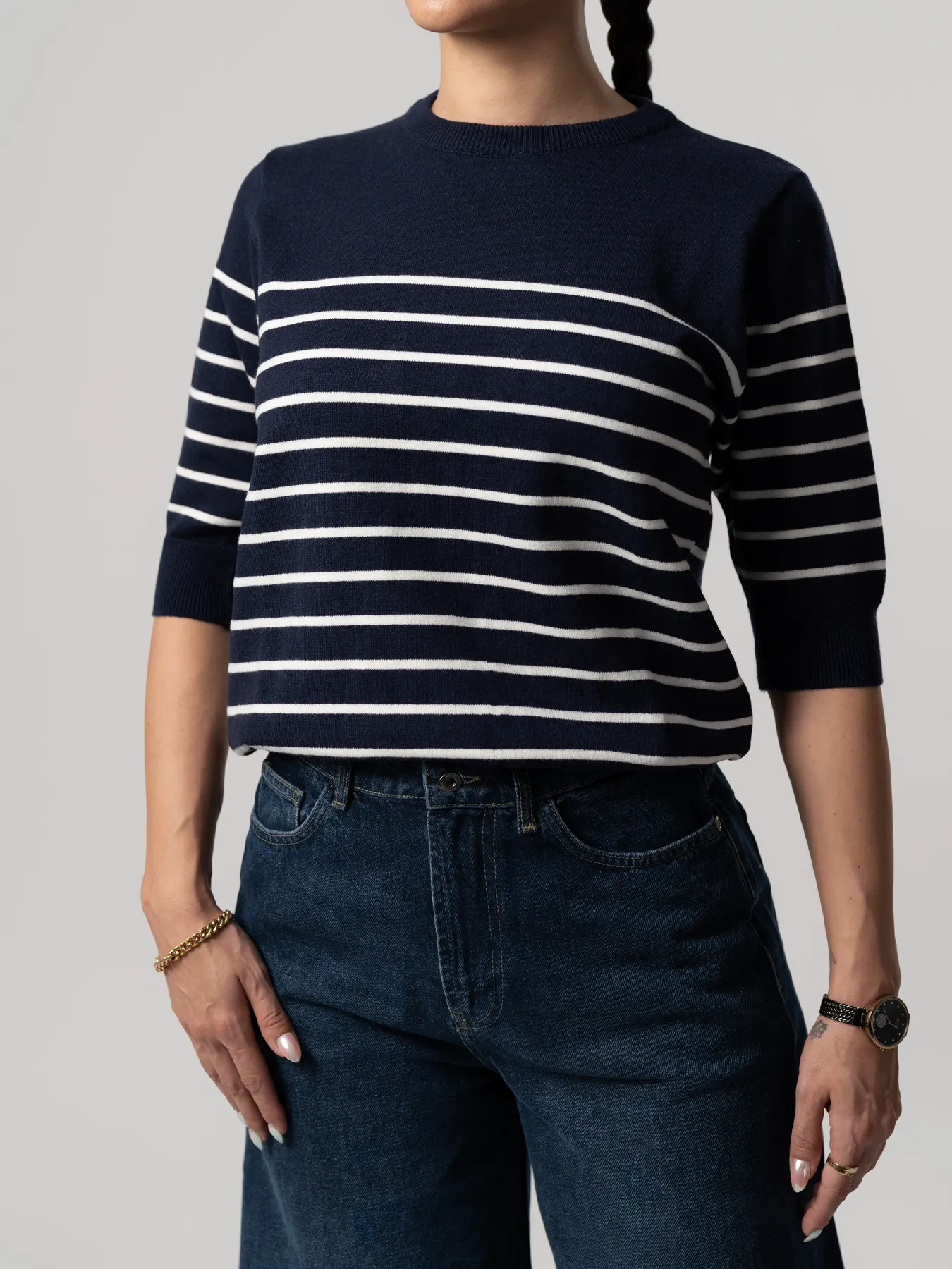 بلوز بافت زنانه سرمه ای آستین سه ربع 