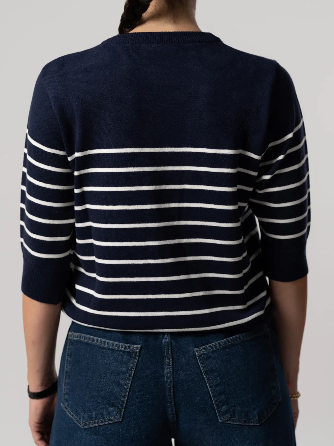 بلوز بافت زنانه سرمه ای آستین سه ربع 