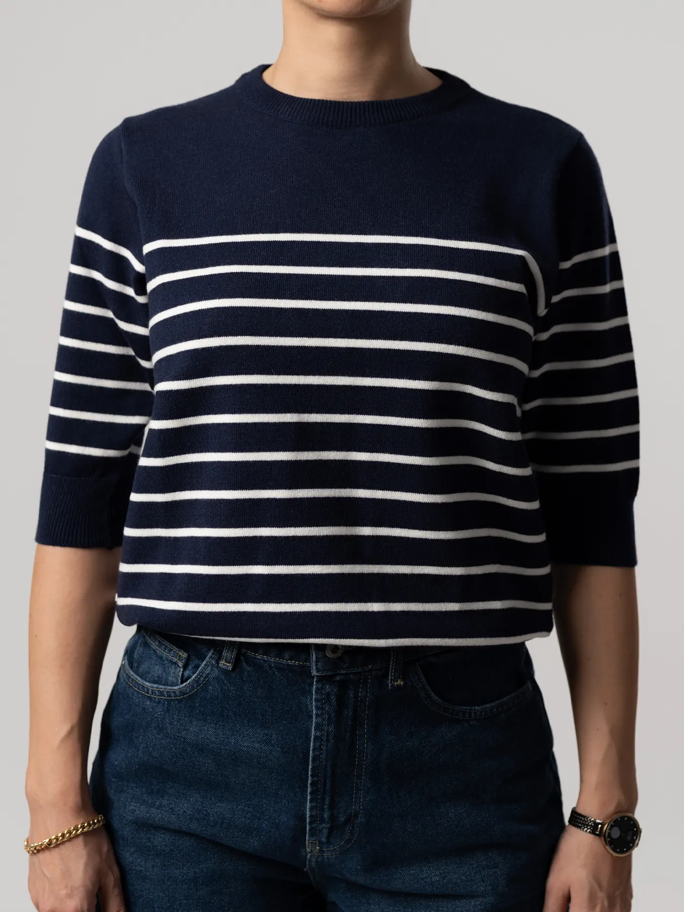 بلوز بافت زنانه سرمه ای آستین سه ربع 