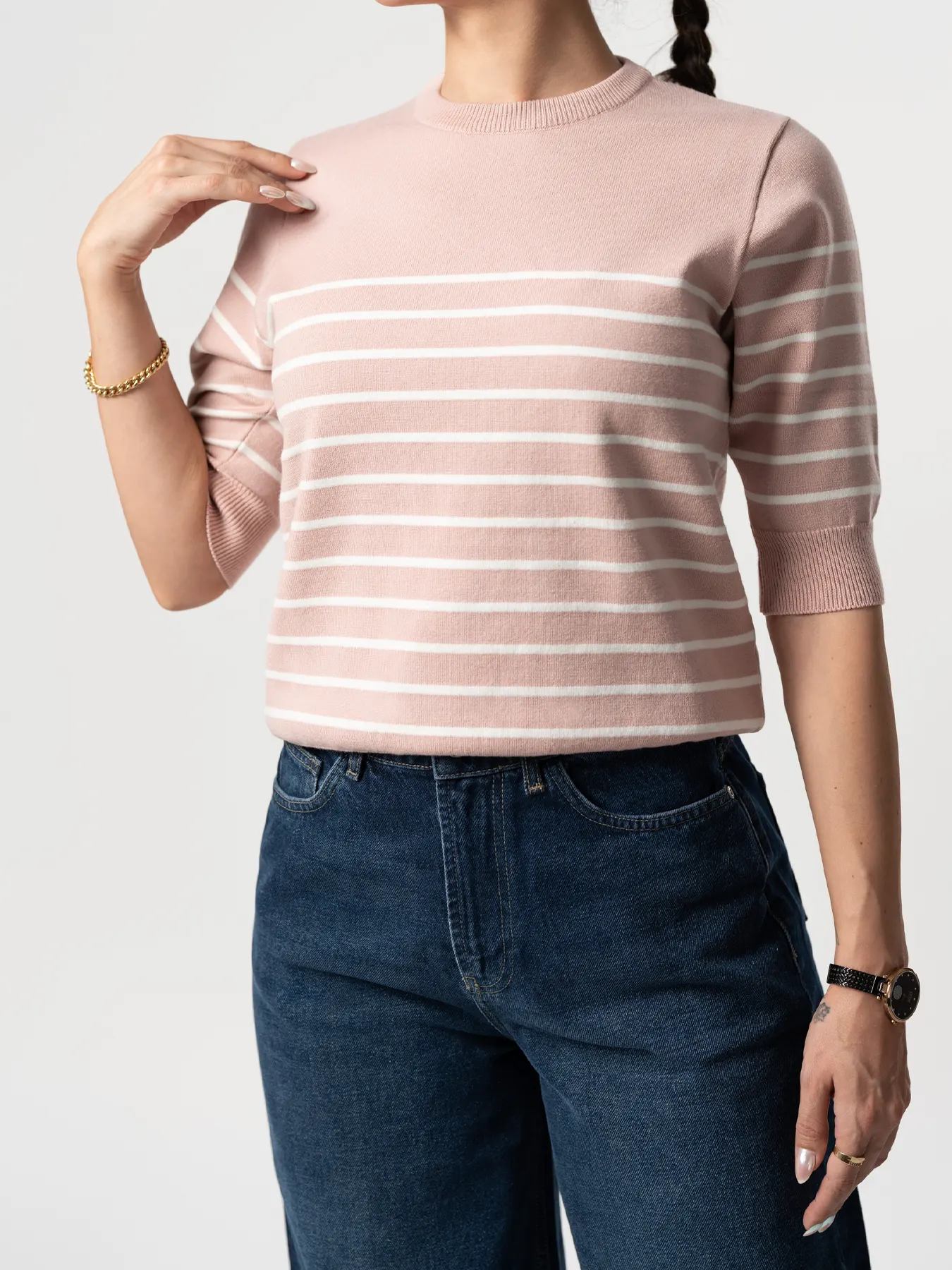 بلوز بافت زنانه گلبهی آستین سه ربع 