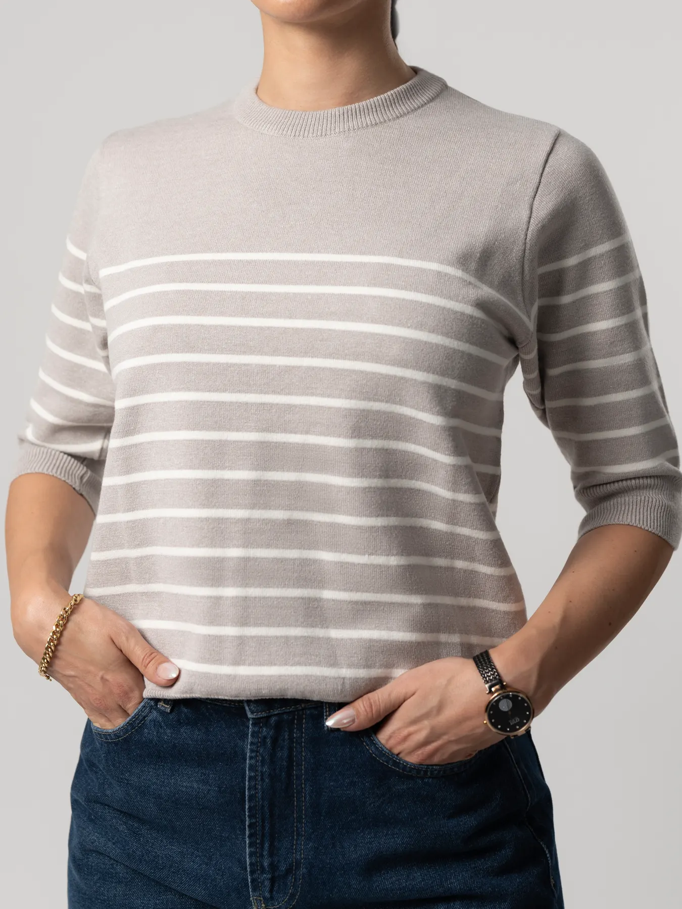 بلوز بافت زنانه طوسی آستین سه ربع 