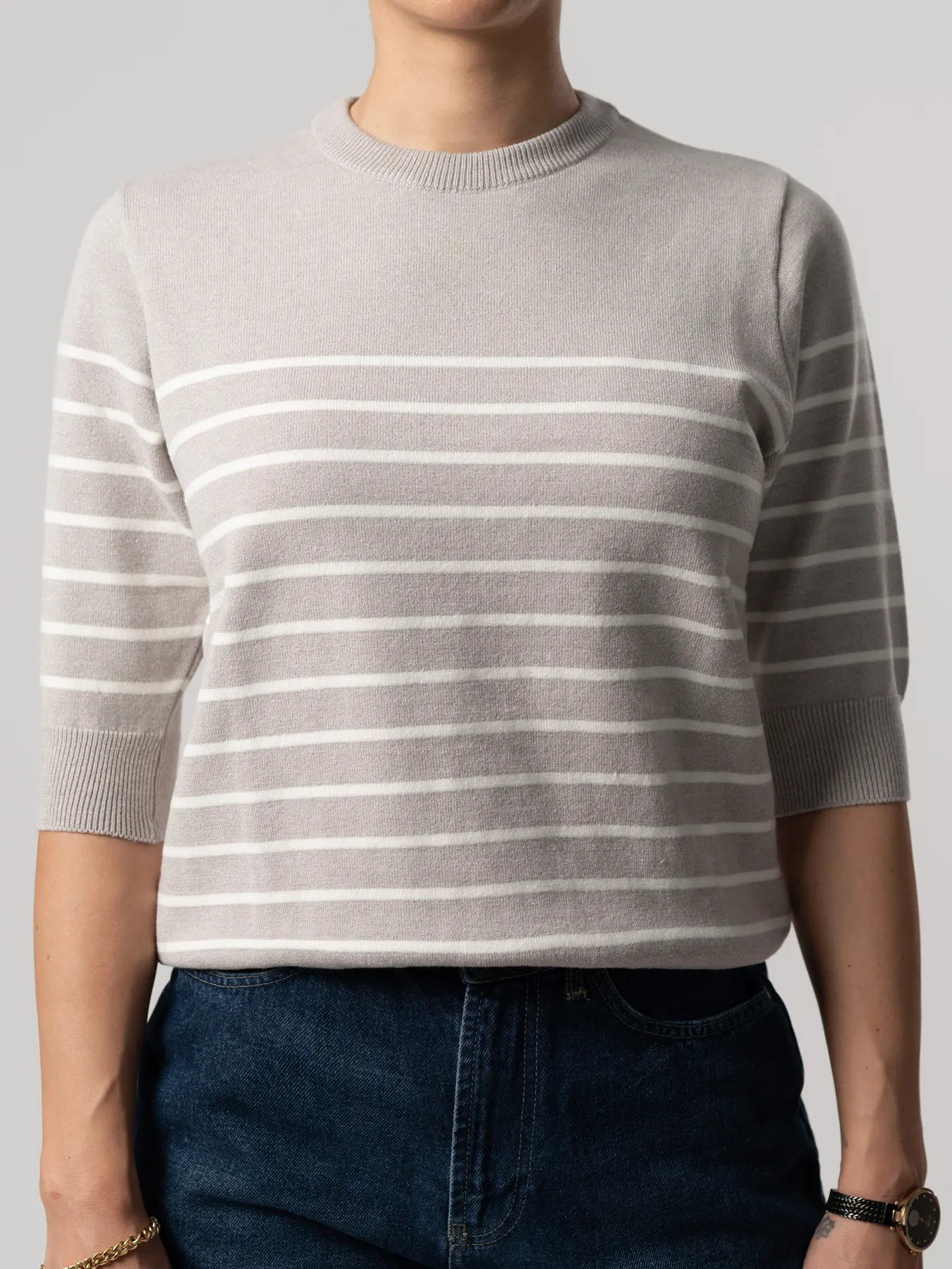 بلوز بافت زنانه طوسی آستین سه ربع 