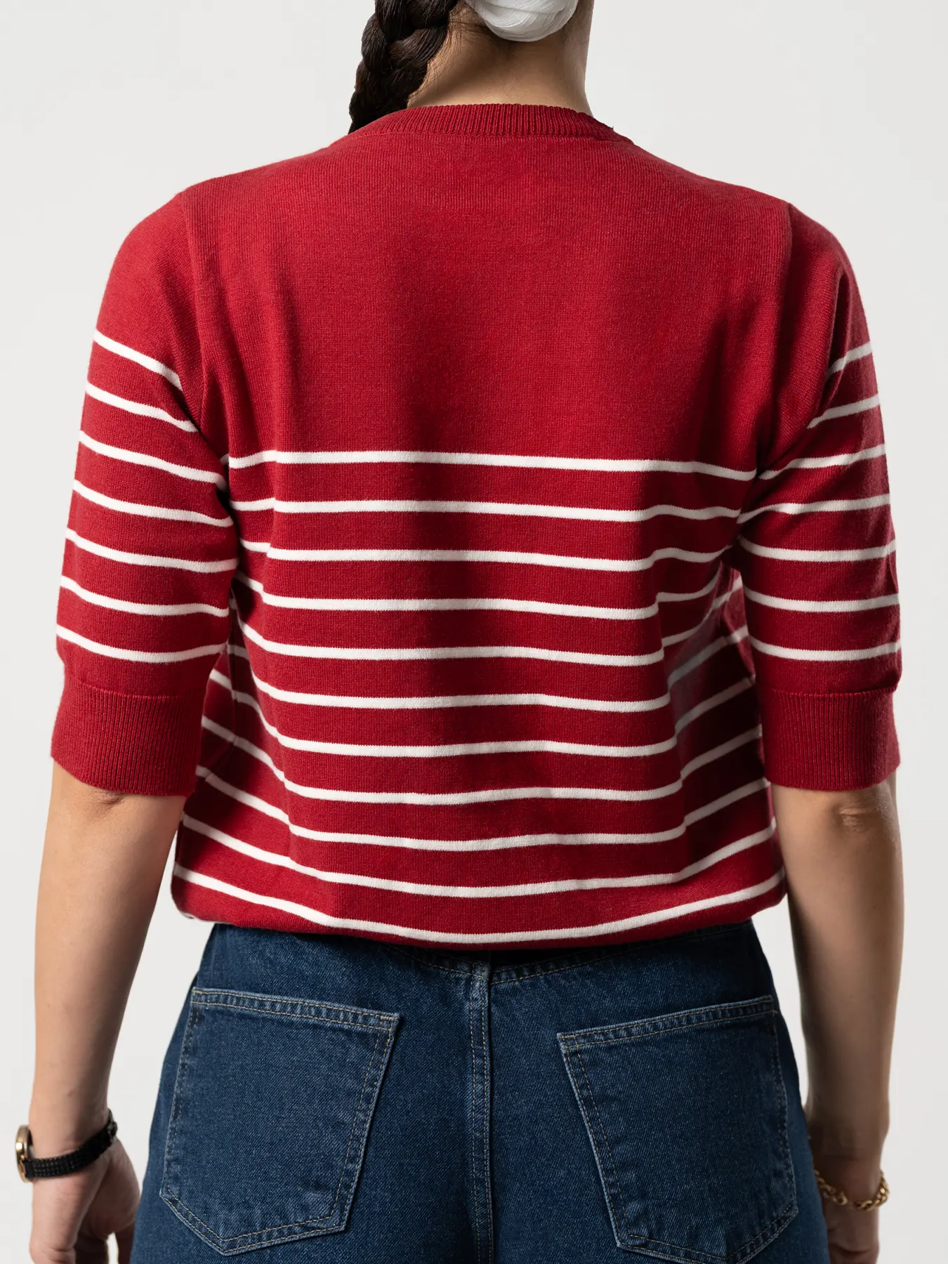 بلوز بافت زنانه قرمز یقه گردآستین سه ربع راه راه