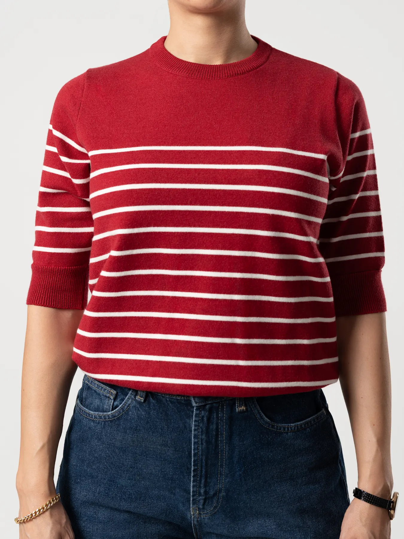 بلوز بافت زنانه قرمز یقه گردآستین سه ربع راه راه