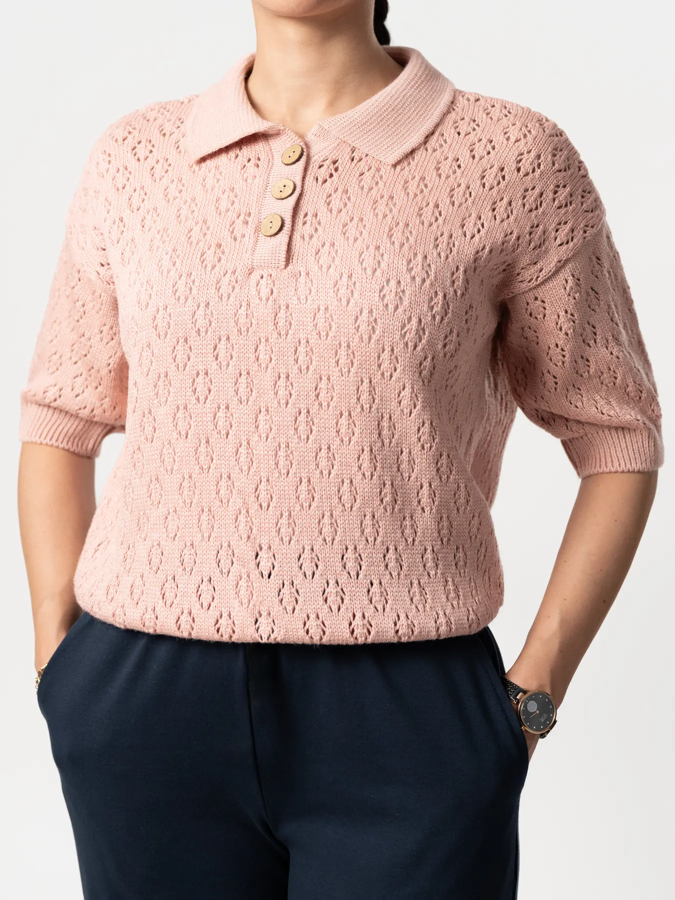 بلوز بافت زنانه یقه برگردان گلبهی 