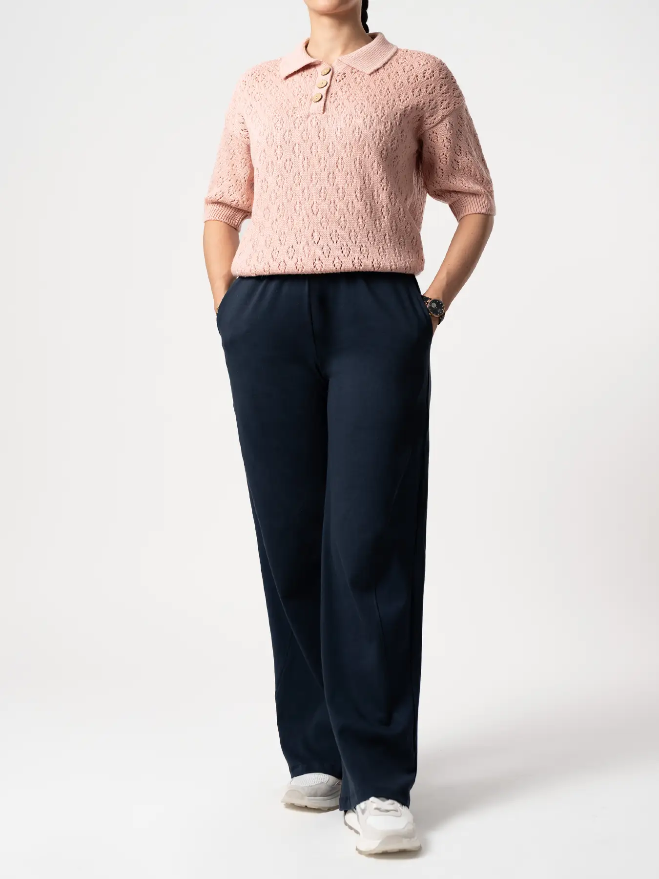 بلوز بافت زنانه یقه برگردان گلبهی 