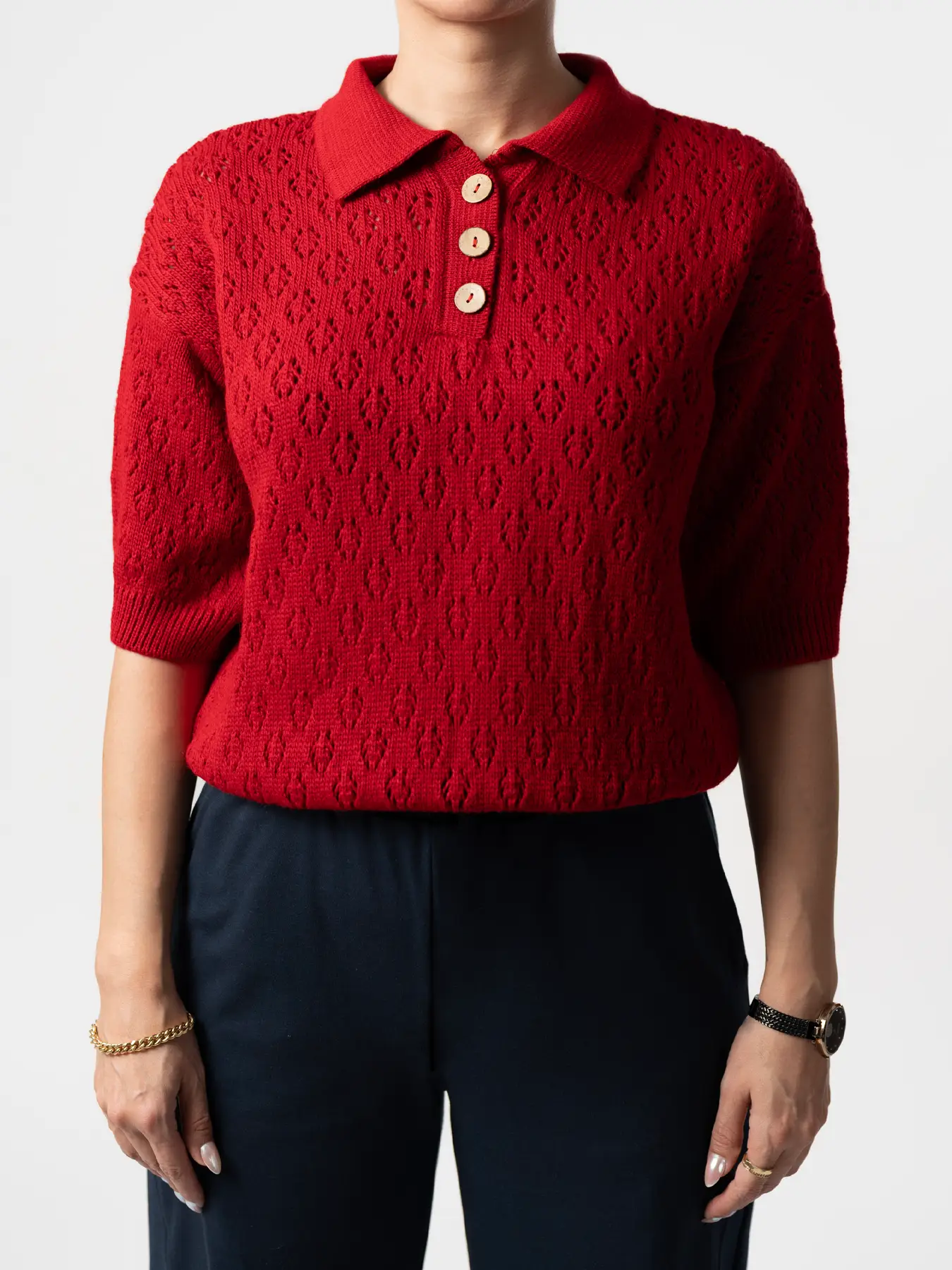 بلوز بافت زنانه یقه برگردان قرمز