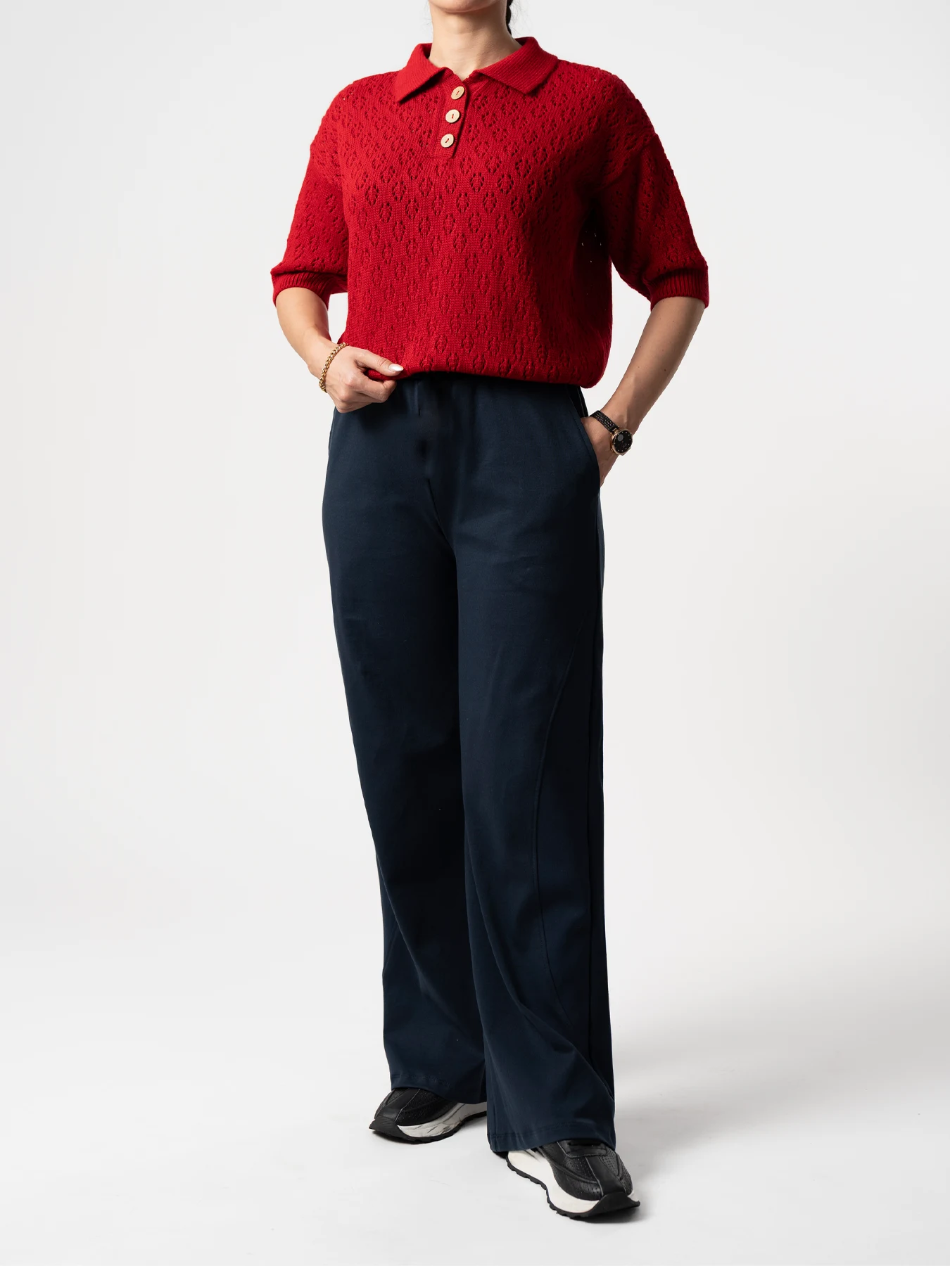 بلوز بافت زنانه یقه برگردان قرمز