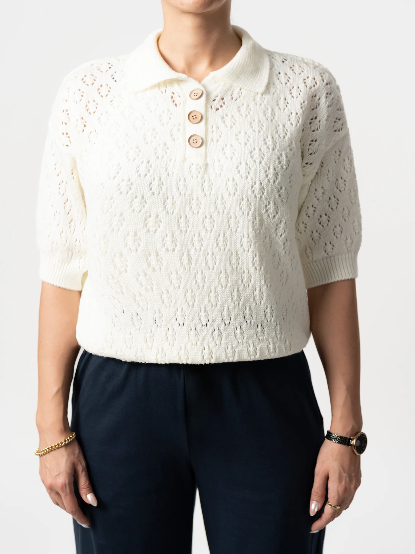 بلوز بافت زنانه یقه برگردان سفید 