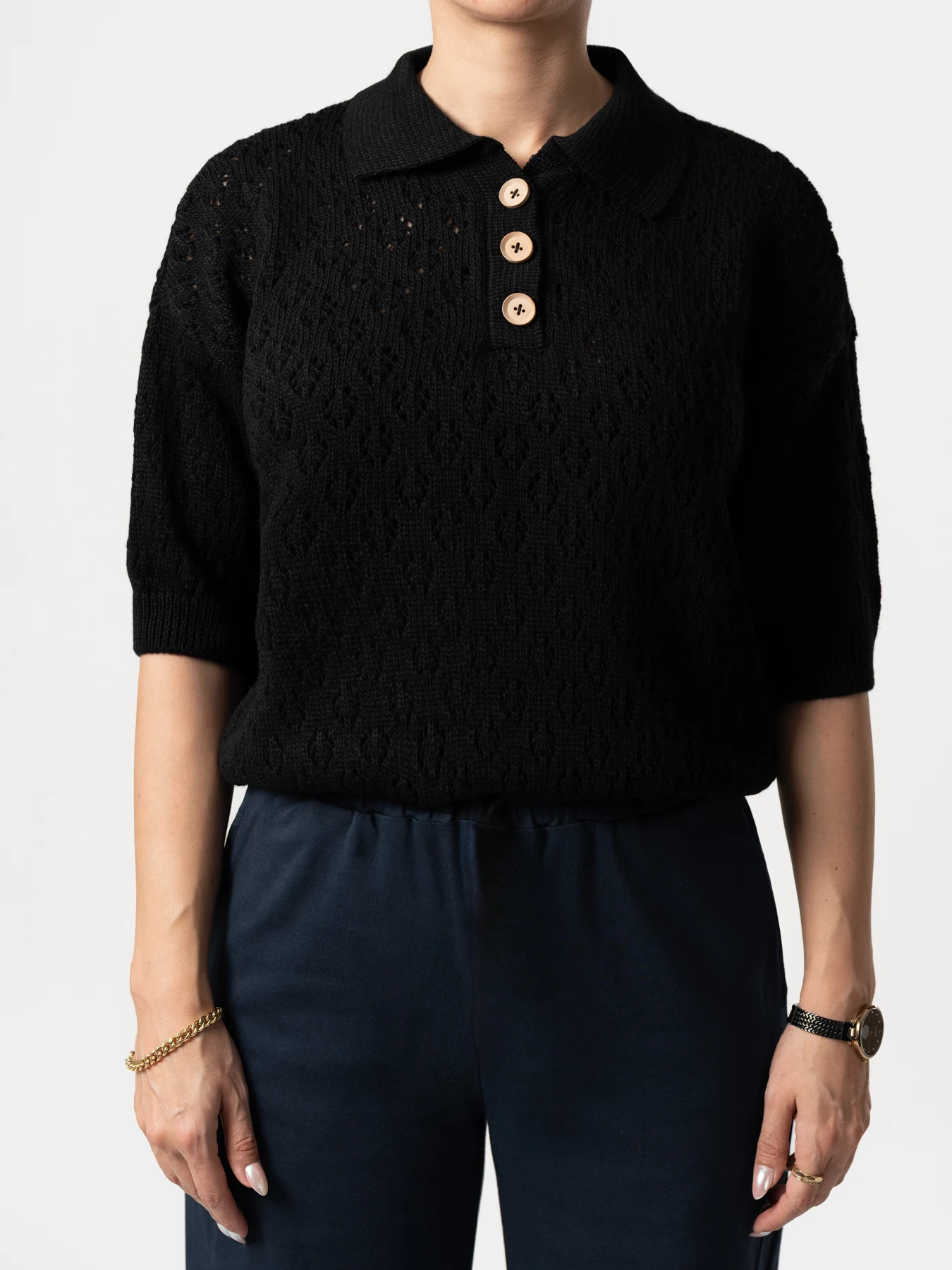 بلوز بافت زنانه یقه برگردان مشکی