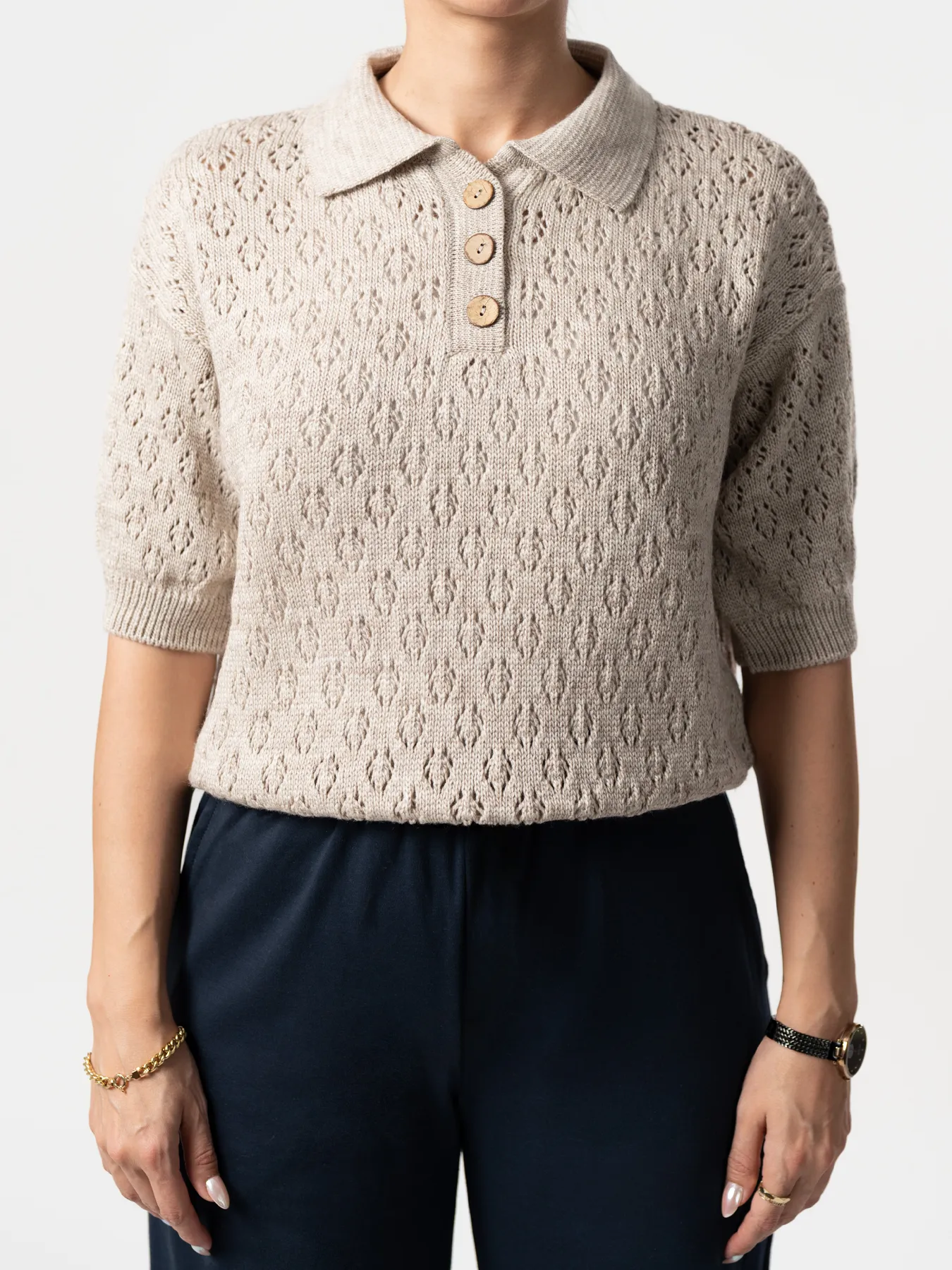 بلوز بافت زنانه یقه برگردان کرم